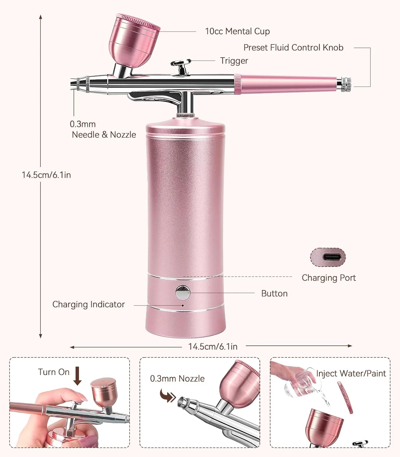 تفنگ ایربراش، کیت ایربراش کمپرسور شارژی بی سیم، تفنگ ایربراش دستی اتوماتیک 30PSI، ست ایربراش فشار قوی بی سیم قابل حمل، با نوک 0.3 میلی متری، ست برس تمیز کننده (صورتی) تفنگ ایربراش، کیت ایربراش کمپرسور شارژی بی سیم، تفنگ ایربراش دستی اتوماتیک 30PSI، ست ایربراش فشار قوی بی سیم قابل حمل، با نوک 0.3 میلی متری، ست برس تمیز کننده (صورتی)