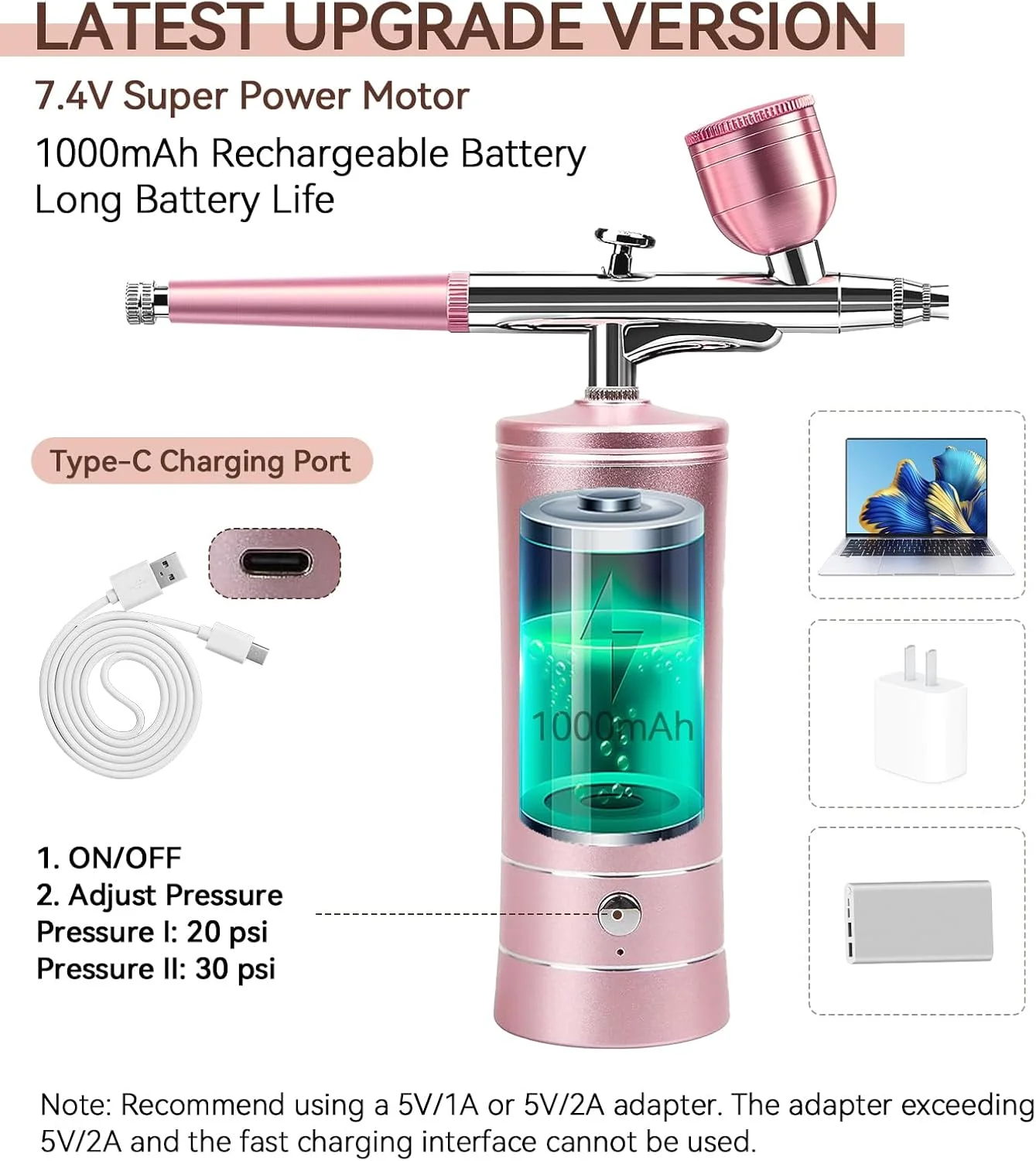 تفنگ ایربراش، کیت ایربراش کمپرسور شارژی بی سیم، تفنگ ایربراش دستی اتوماتیک 30PSI، ست ایربراش فشار قوی بی سیم قابل حمل، با نوک 0.3 میلی متری، ست برس تمیز کننده (صورتی) تفنگ ایربراش، کیت ایربراش کمپرسور شارژی بی سیم، تفنگ ایربراش دستی اتوماتیک 30PSI، ست ایربراش فشار قوی بی سیم قابل حمل، با نوک 0.3 میلی متری، ست برس تمیز کننده (صورتی)