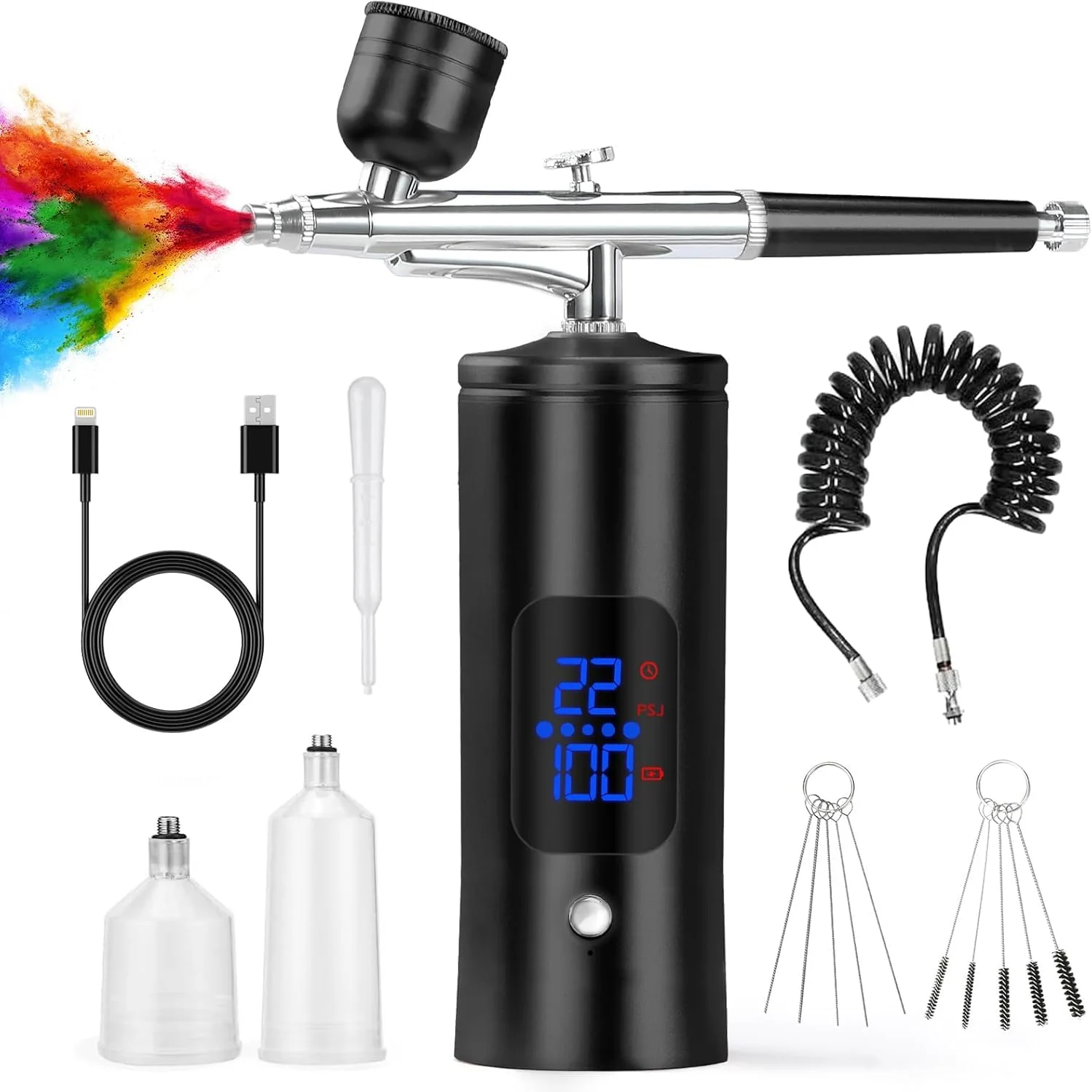 کیت ایربراش بی سیم با کمپرسور هوا، تفنگ اسپری رنگ برقی قابل شارژ با نمایشگر LED 22-38Psi دستگاه ایربراش قابل حمل برای هنر ناخن، تزئین کیک، آرایش DIY کیت ایربراش بی سیم با کمپرسور هوا، تفنگ اسپری رنگ برقی قابل شارژ با نمایشگر LED 22-38Psi دستگاه ایربراش قابل حمل برای هنر ناخن، تزئین کیک، آرایش DIY