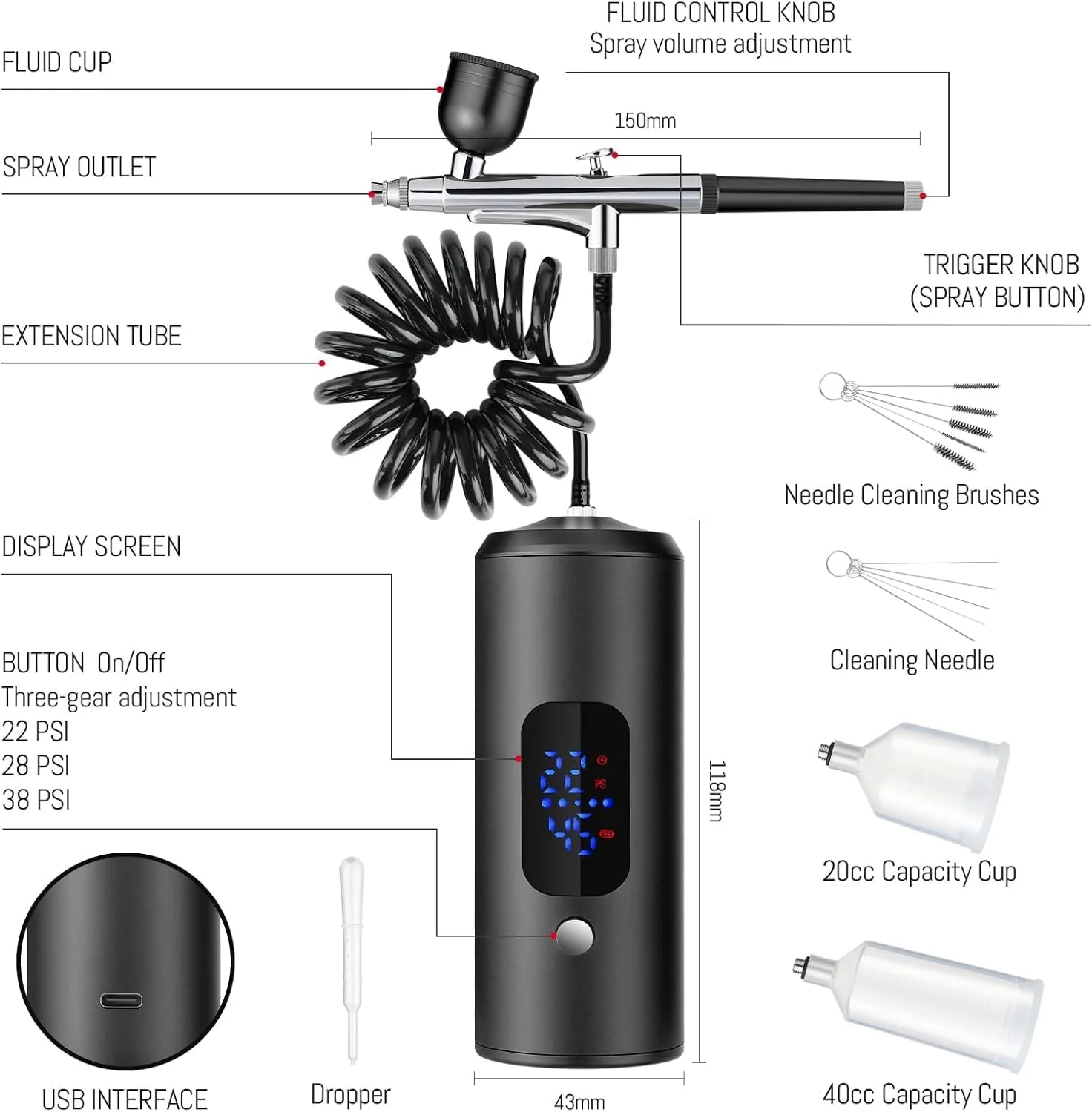 کیت ایربراش بی سیم با کمپرسور هوا، تفنگ اسپری رنگ برقی قابل شارژ با نمایشگر LED 22-38Psi دستگاه ایربراش قابل حمل برای هنر ناخن، تزئین کیک، آرایش DIY کیت ایربراش بی سیم با کمپرسور هوا، تفنگ اسپری رنگ برقی قابل شارژ با نمایشگر LED 22-38Psi دستگاه ایربراش قابل حمل برای هنر ناخن، تزئین کیک، آرایش DIY