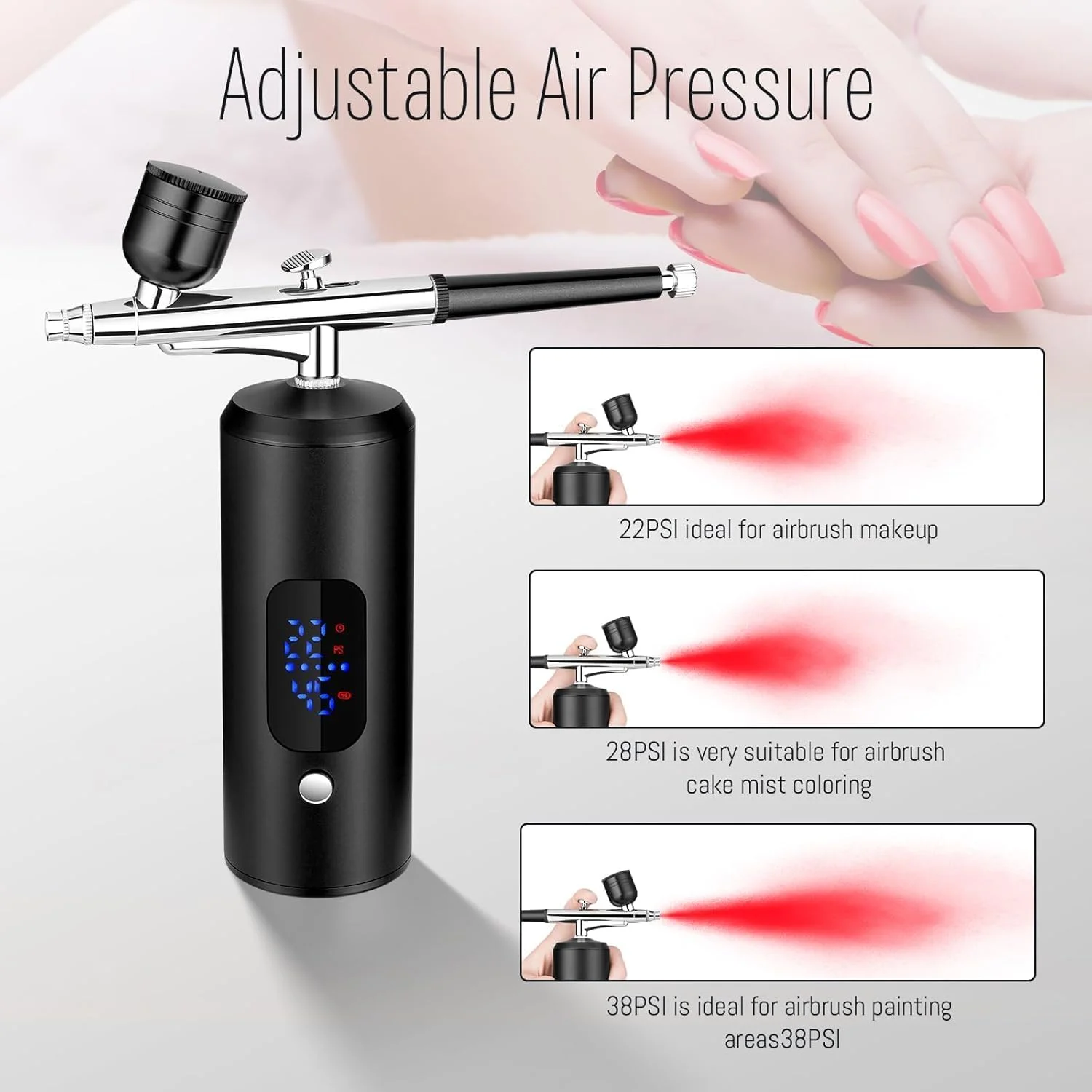 کیت ایربراش بی سیم با کمپرسور هوا، تفنگ اسپری رنگ برقی قابل شارژ با نمایشگر LED 22-38Psi دستگاه ایربراش قابل حمل برای هنر ناخن، تزئین کیک، آرایش DIY کیت ایربراش بی سیم با کمپرسور هوا، تفنگ اسپری رنگ برقی قابل شارژ با نمایشگر LED 22-38Psi دستگاه ایربراش قابل حمل برای هنر ناخن، تزئین کیک، آرایش DIY