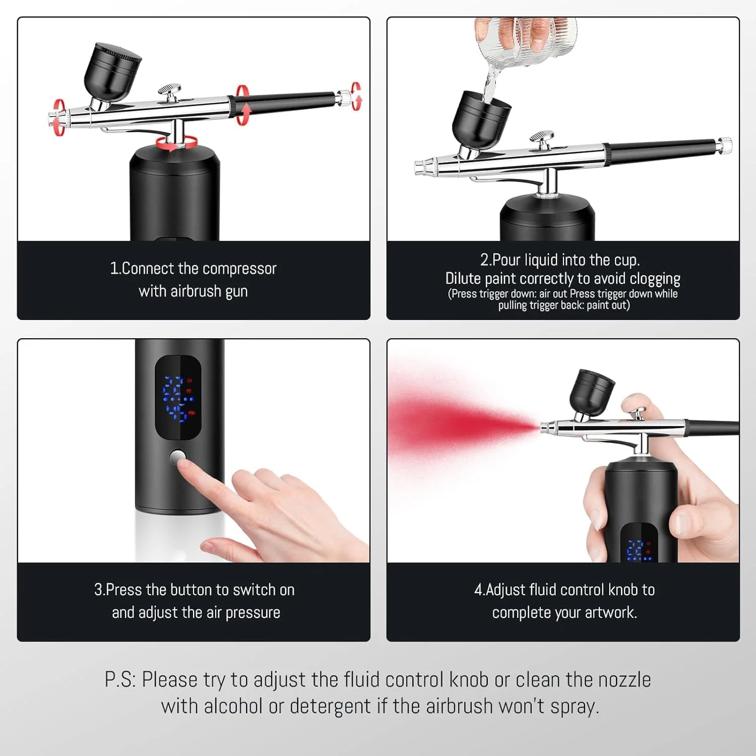 کیت ایربراش بی سیم با کمپرسور هوا، تفنگ اسپری رنگ برقی قابل شارژ با نمایشگر LED 22-38Psi دستگاه ایربراش قابل حمل برای هنر ناخن، تزئین کیک، آرایش DIY کیت ایربراش بی سیم با کمپرسور هوا، تفنگ اسپری رنگ برقی قابل شارژ با نمایشگر LED 22-38Psi دستگاه ایربراش قابل حمل برای هنر ناخن، تزئین کیک، آرایش DIY