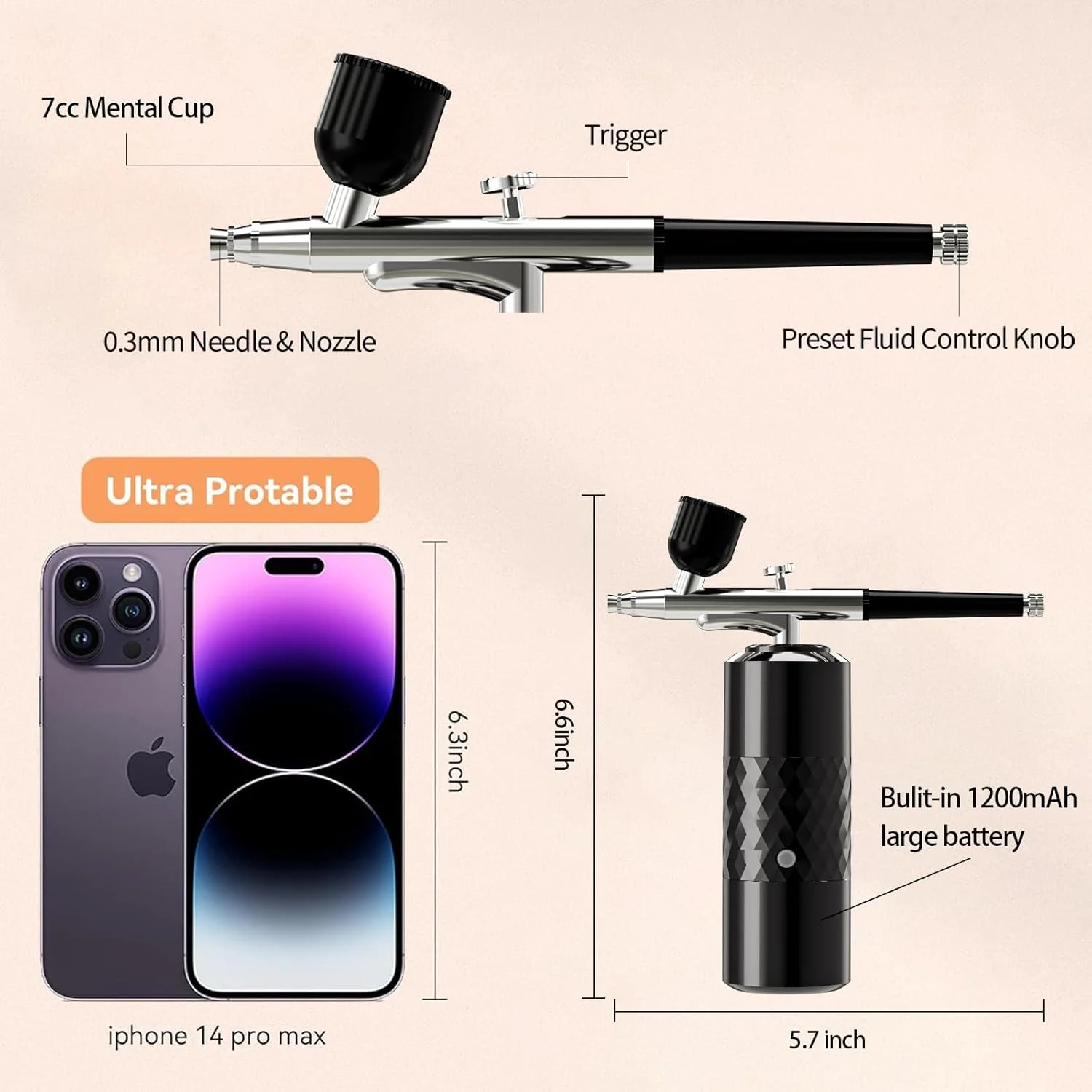 کیت ایربراش شارژی بی سیم crpen، کمپرسور ایربراش قابل حمل، ایربراش دستی برای نقاشی مدل، طراحی ناخن، تزئین کیک، آرایش، آرایشگری (مشکی)