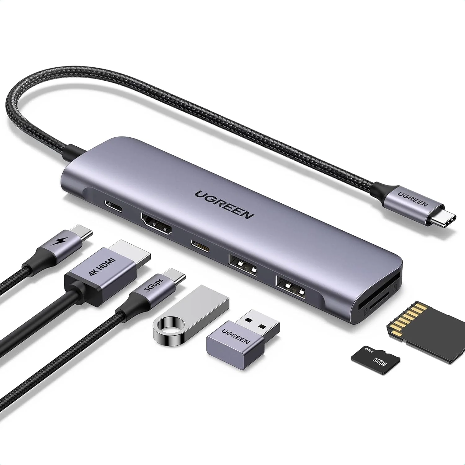 هاب USB C یوگرین Revodok 7 در 1 با کارت خوان SD/TF [سرعت بالا]، HDMI 4K، پورت های داده، شارژ 100W PD [کابل بافته شده]، آداپتور چند پورت USB-C برای ویندوز، مک بوک پرو، مانیتور، دوربین