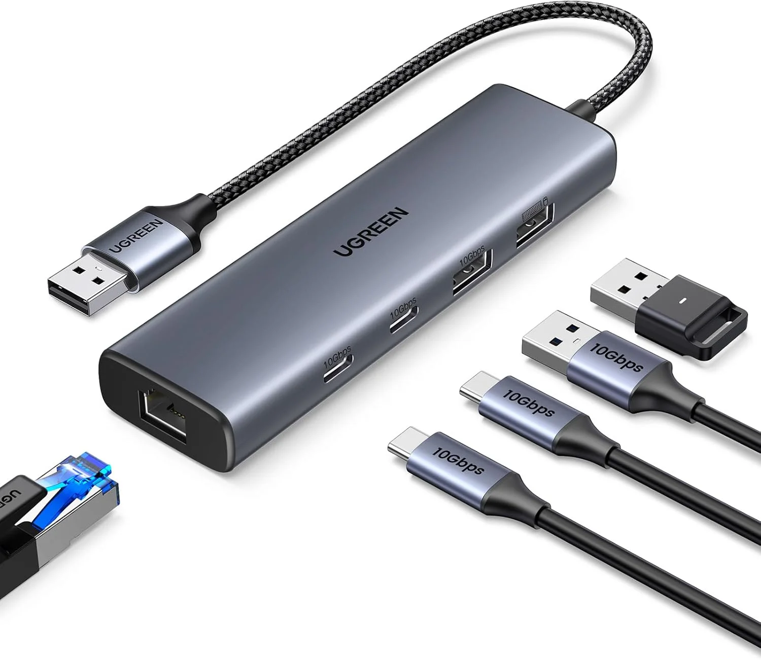 آداپتور USB به اترنت UGREEN، هاب اترنت 5 در 1 USB با 2* USB-C 3.2 (10Gbps) + 1*USB-A 3.2/1*USB-A 2.0/Gigabit RJ45، دانگل Thunderbolt (3/4) به شبکه LAN برای لپ تاپ، MacBook Pro/Air، XPS
