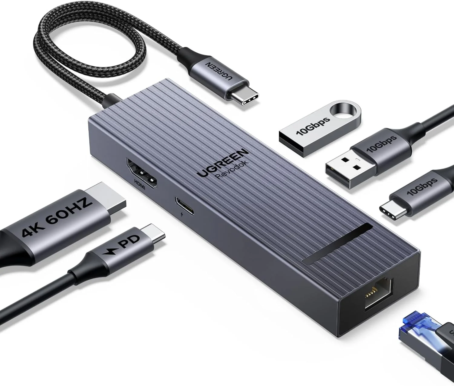 هاب یوگرین Revodok Pro 1061 6 در 1 USB C با آداپتور اترنت گیگابیتی، HDMI 4K 60 هرتز، شارژ 100 واتی PD، هاب USB 3.2 با سرعت 10 گیگابیت بر ثانیه برای آیفون 17، مک بوک ایر، M1، M2، M3، آیپد، پرو مکس، استیم دک