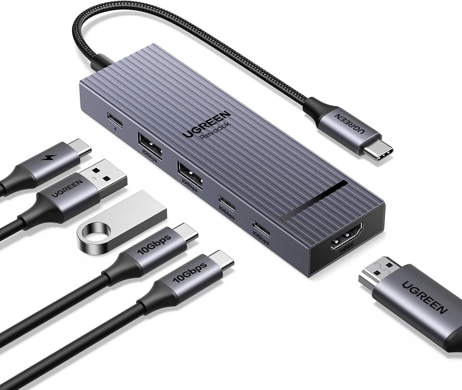 هاب USB-C یوگرین Revodok 6 در 1، USB C 3.2 و USB A 3.2 با سرعت 10 گیگابیت بر ثانیه، HDMI 4K 60Hz، آداپتور چند پورت هاب Type C با توان 100 وات برای آیفون 17، مک بوک پرو/ایر، HP، Dell