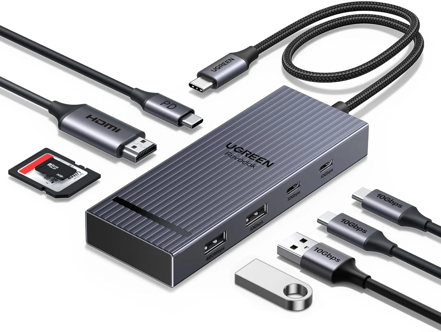 هاب آداپتور UGREEN 2025 Revodok Pro 8 در 1 USB C به HDMI 4K 60Hz، کارت خوان سریع SD/TF [170Mb/s]، ایستگاه اتصال پورت های داده USB-C&A 10Gbps، شارژ 100W PD برای آیفون 17، مک بوک پرو، ویندوز