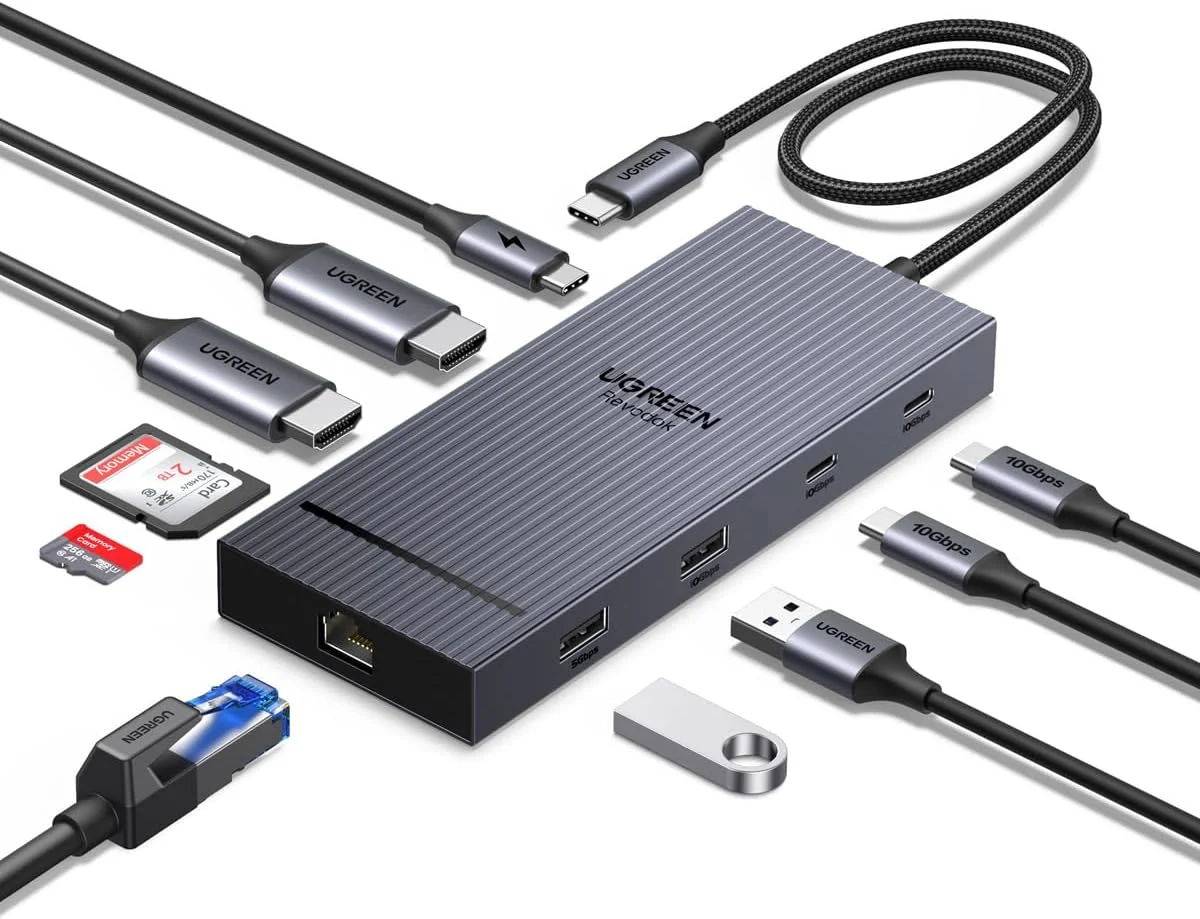 UGREEN Revodock Pro 2101 ایستگاه اتصال USB C ده در یک، مانیتور دوگانه 4K@60Hz، داک USB C با نمایشگر دوگانه HDMI، هاب پورت داده 10 گیگابیت بر ثانیه، PD 100W، اترنت، SD/TF برای آیفون 17، MacBook Air/Pro