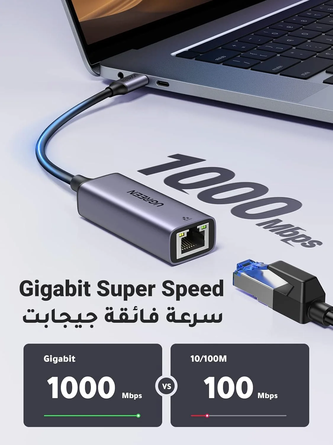 آداپتور UGREEN USB C به اترنت گیگابیتی، تبدیل کننده Type C به RJ45، آداپتور شبکه سیمی Thunderbolt 3 LAN سازگار با MacBook، سری iPhone 17، Surface Pro، iPad Pro، Switch، PS5، XPS، Galaxy Tabs