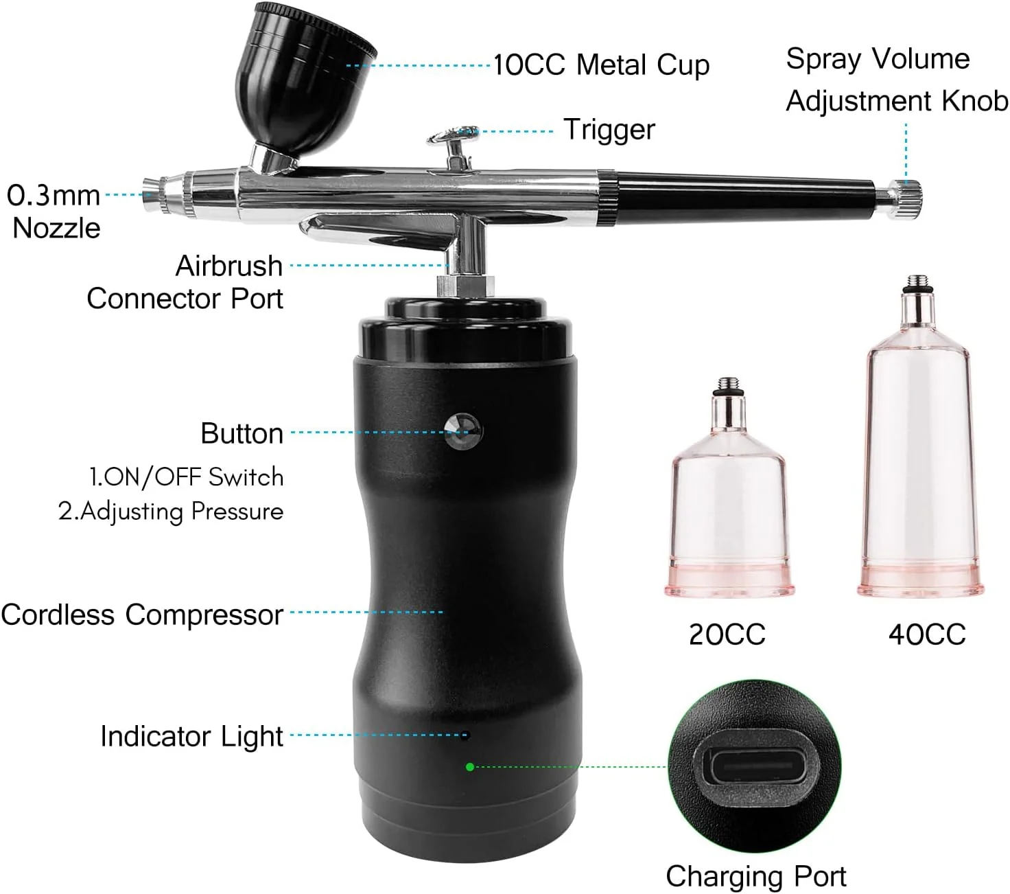 کیت ایربراش قابل حمل Eacam با کمپرسور، قلم ایربراش بی سیم دستی، فشار قابل تنظیم 3 سطحی دوگانه، باتری داخلی برای نقاشی، رنگ آمیزی مدل، طراحی ناخن، آرایش، تزئین کیک کیت ایربراش قابل حمل Eacam با کمپرسور، قلم ایربراش بی سیم دستی، فشار قابل تنظیم 3 سطحی دوگانه، باتری داخلی برای نقاشی، رنگ آمیزی مدل، طراحی ناخن، آرایش، تزئین کیک