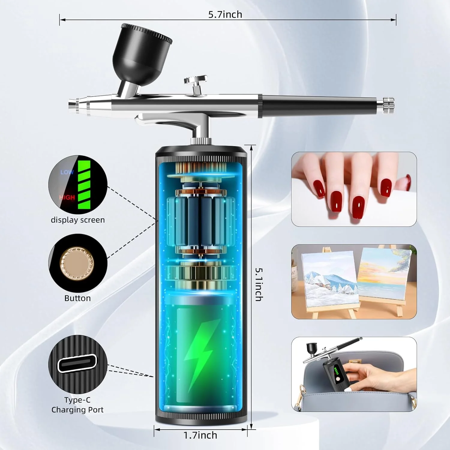 ست ایربراش ای استارزیبرلا با کمپرسور - فشار بالا 48PSI، ست ایر براش بدون گرفتگی شارژی بی سیم قابل شارژ با نازل 0.3 میلی متری و برس تمیز کننده برای طراحی ناخن و آرایش ست ایربراش ای استارزیبرلا با کمپرسور - فشار بالا 48PSI، ست ایر براش بدون گرفتگی شارژی بی سیم قابل شارژ با نازل 0.3 میلی متری و برس تمیز کننده برای طراحی ناخن و آرایش