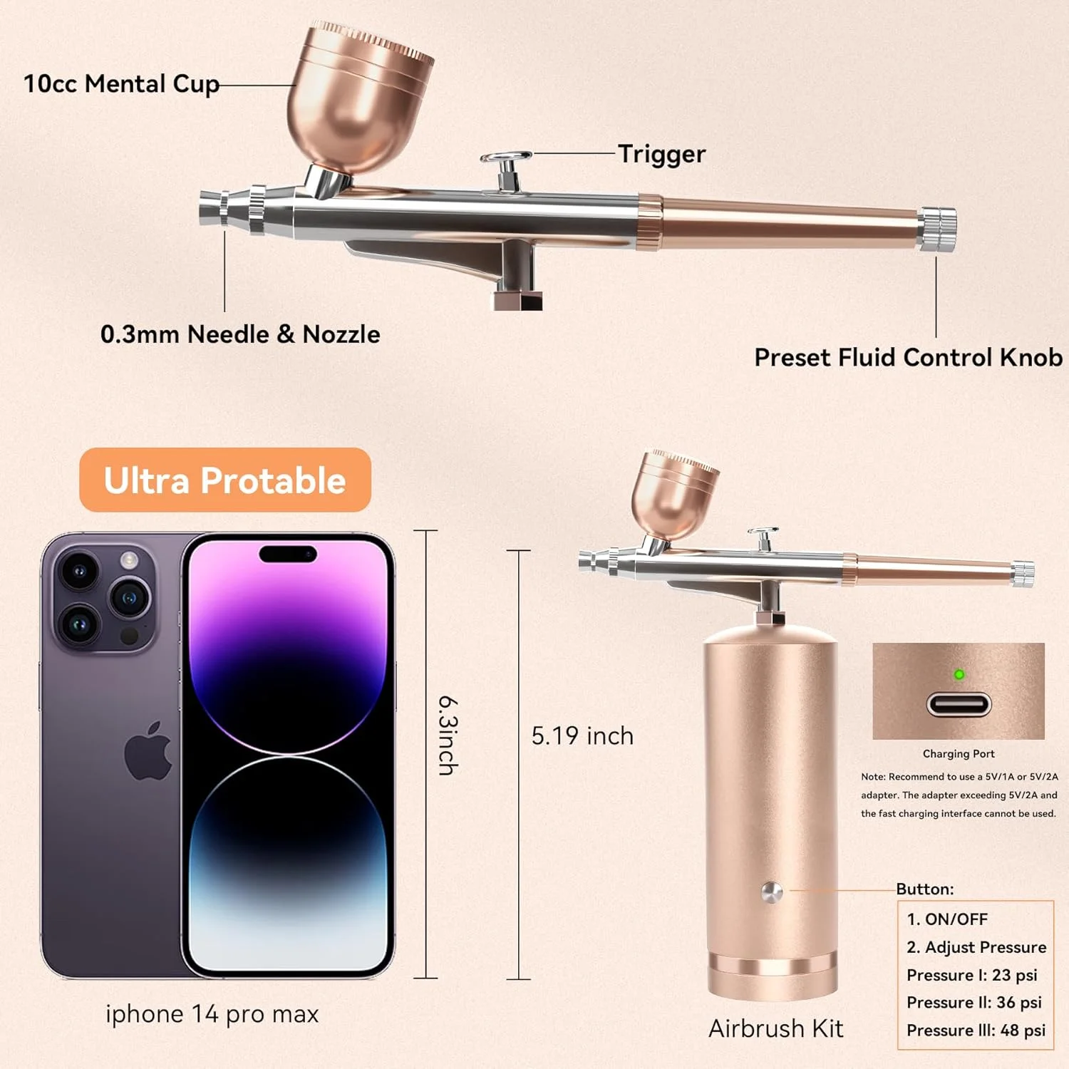 کیت ایربراش GEDSTMDRK با کمپرسور - ایربراش فشار قوی 48PSI شارژی بی سیم و بدون گرفتگی با نازل 0.3 میلی متری و مجموعه برس تمیز کننده برای هنر ناخن، آرایش، نقاشی، تزئین کیک