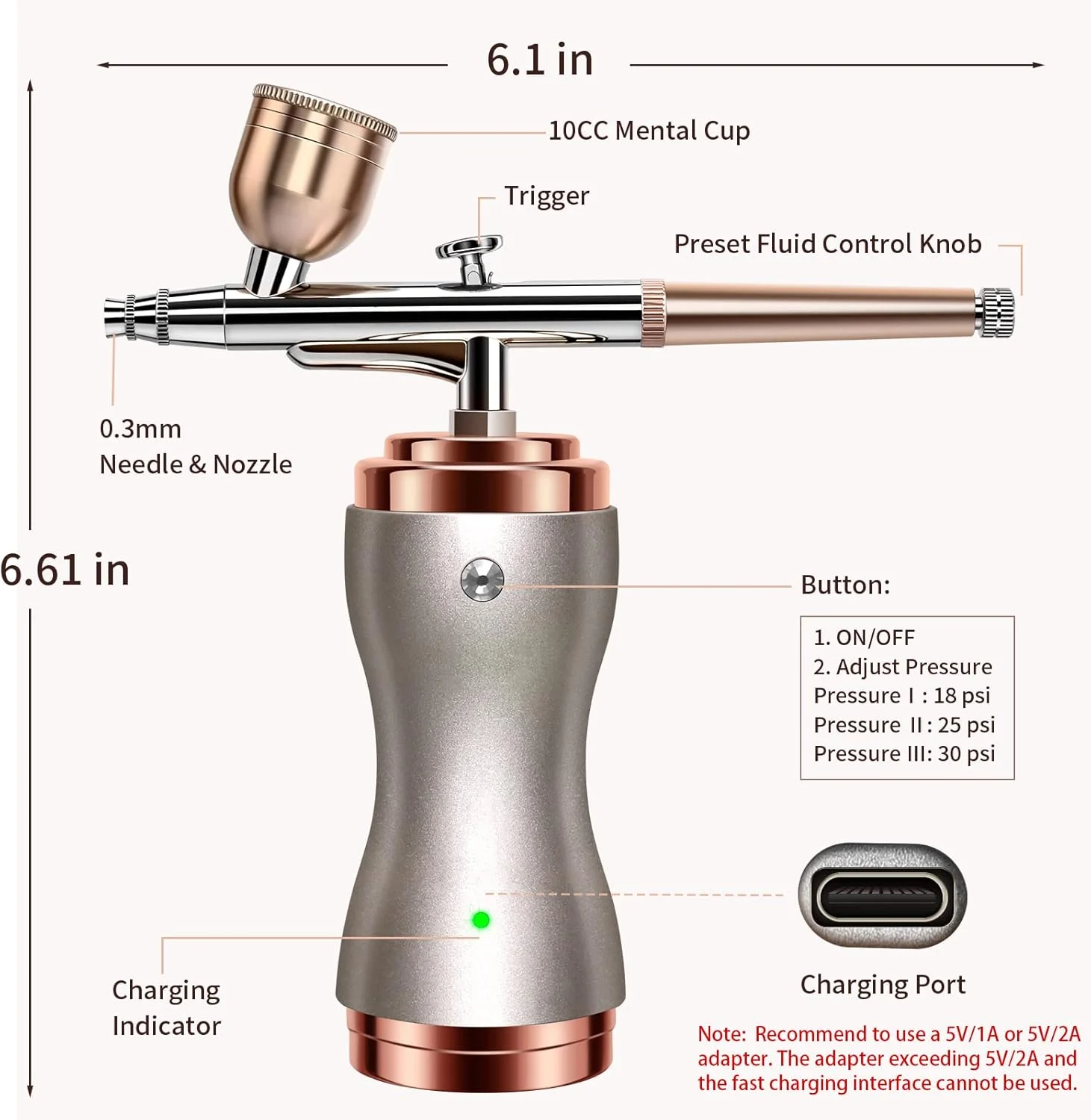 کیت ایربراش fehrominger با کمپرسور 30PSI، تفنگ ایربراش شارژی قابل حمل بی سیم برای هنر ناخن، نقاشی، تزیین کیک، شیرینی، مدل، آرایش، آرایشگری (نقره ای)