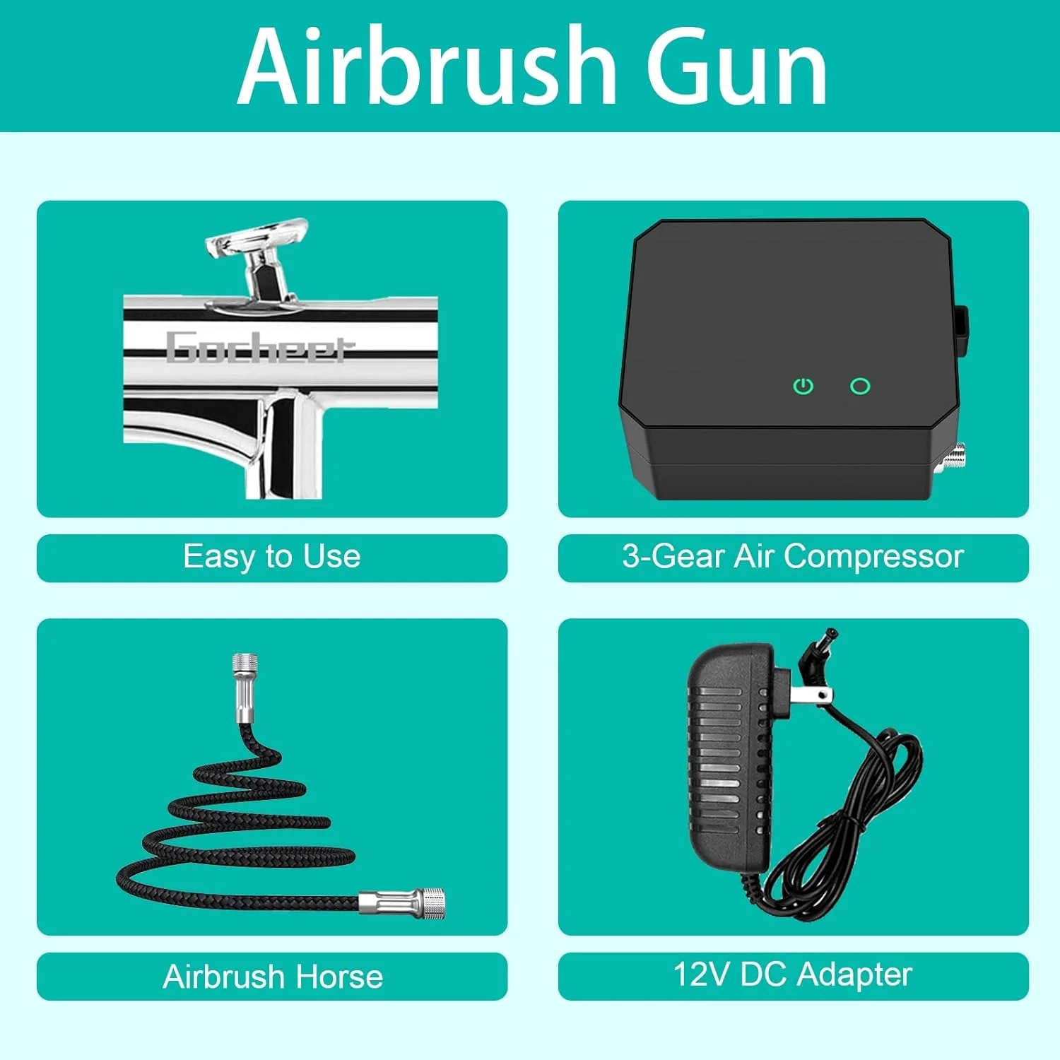 کیت ایربراش ارتقا یافته Gocheer با فشار 40PSI، ست ایربراش چند منظوره دوال اکشن با کمپرسور برای نقاشی، ست ایربراش قابل حمل برای تزئین کیک، آرایش، هنر، صنایع دستی، طراحی ناخن، مدل، تاتو