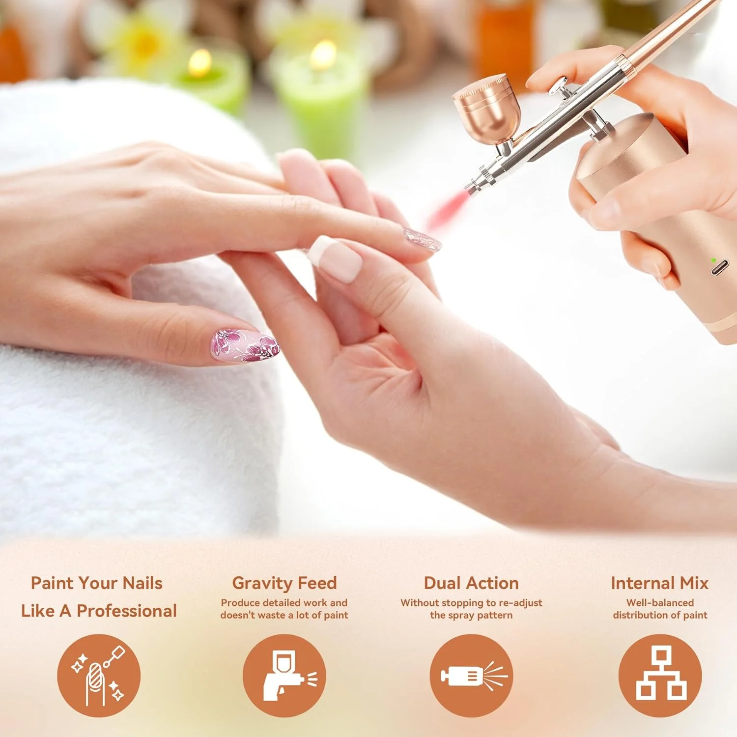 کیت ایربراش GEDSTMDRK با کمپرسور - ایربراش فشار قوی 48PSI شارژی بی سیم و بدون گرفتگی با نازل 0.3 میلی متری و مجموعه برس تمیز کننده برای هنر ناخن، آرایش، نقاشی، تزئین کیک