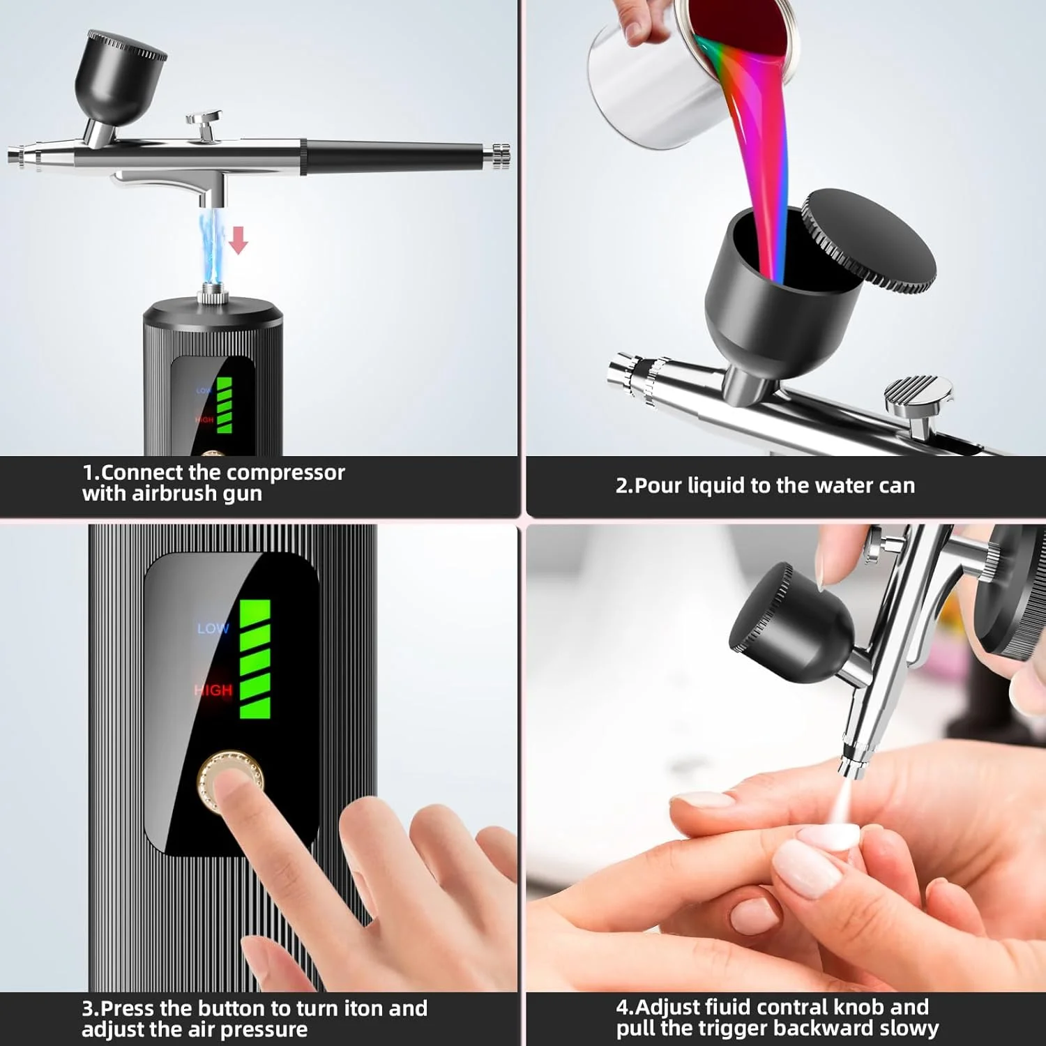 ست ایربراش ای استارزیبرلا با کمپرسور - فشار بالا 48PSI، ست ایر براش بدون گرفتگی شارژی بی سیم قابل شارژ با نازل 0.3 میلی متری و برس تمیز کننده برای طراحی ناخن و آرایش ست ایربراش ای استارزیبرلا با کمپرسور - فشار بالا 48PSI، ست ایر براش بدون گرفتگی شارژی بی سیم قابل شارژ با نازل 0.3 میلی متری و برس تمیز کننده برای طراحی ناخن و آرایش