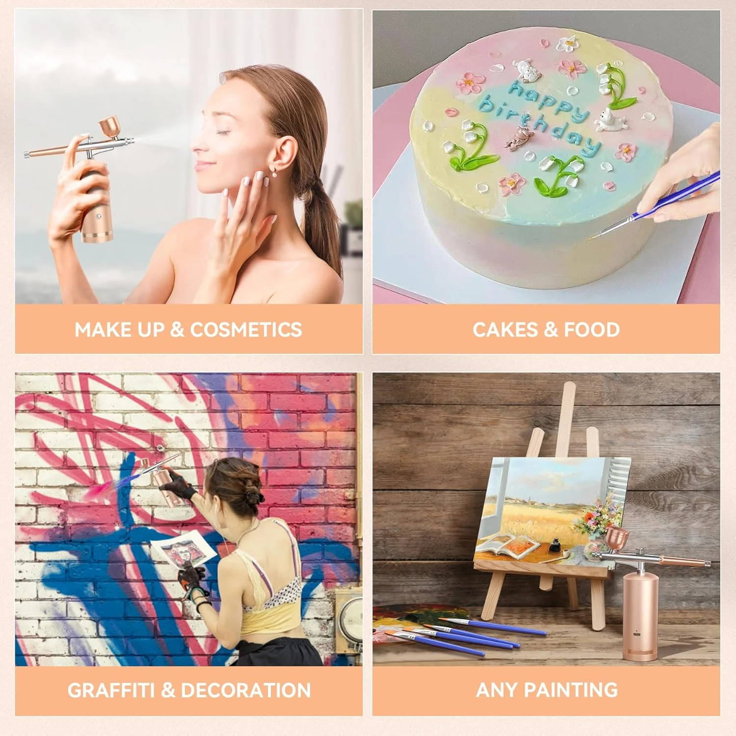 کیت ایربراش GEDSTMDRK با کمپرسور - ایربراش فشار قوی 48PSI شارژی بی سیم و بدون گرفتگی با نازل 0.3 میلی متری و مجموعه برس تمیز کننده برای هنر ناخن، آرایش، نقاشی، تزئین کیک