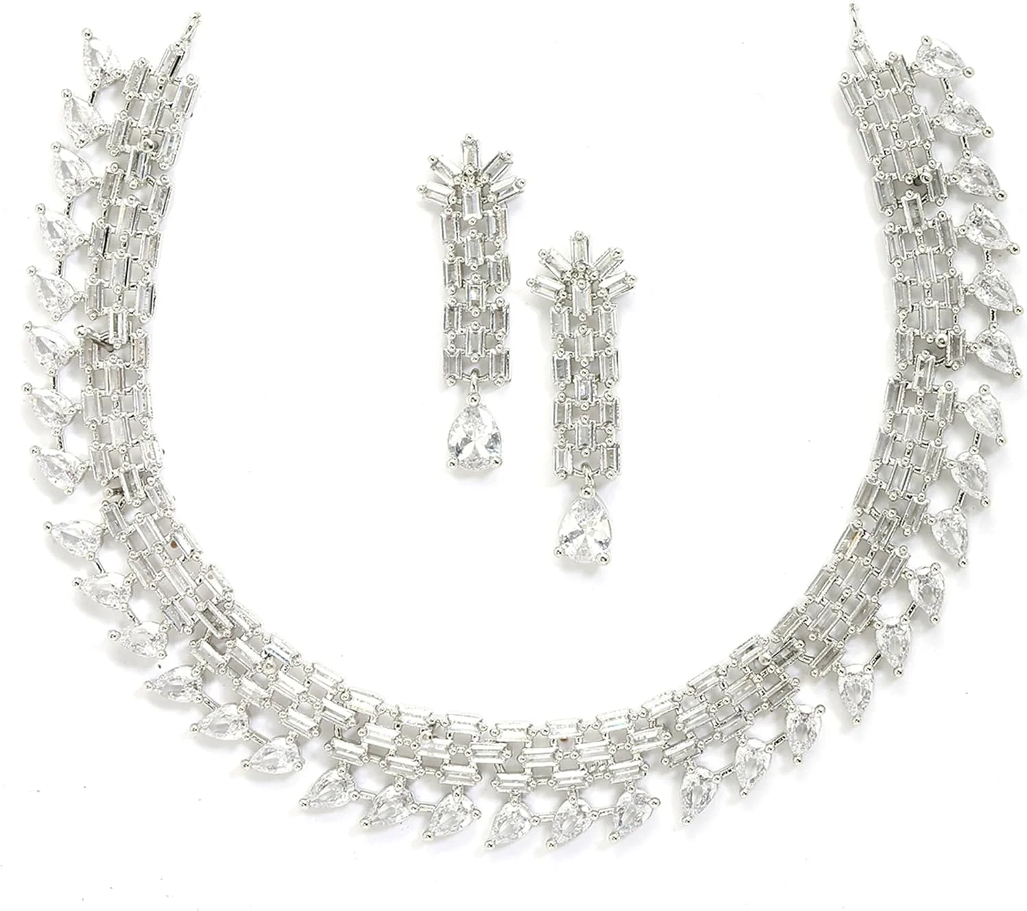 ست گردنبند و گوشواره زنانه و دخترانه نگین دار ZENEME با روکش رودیوم و نگین های الماس آمریکایی