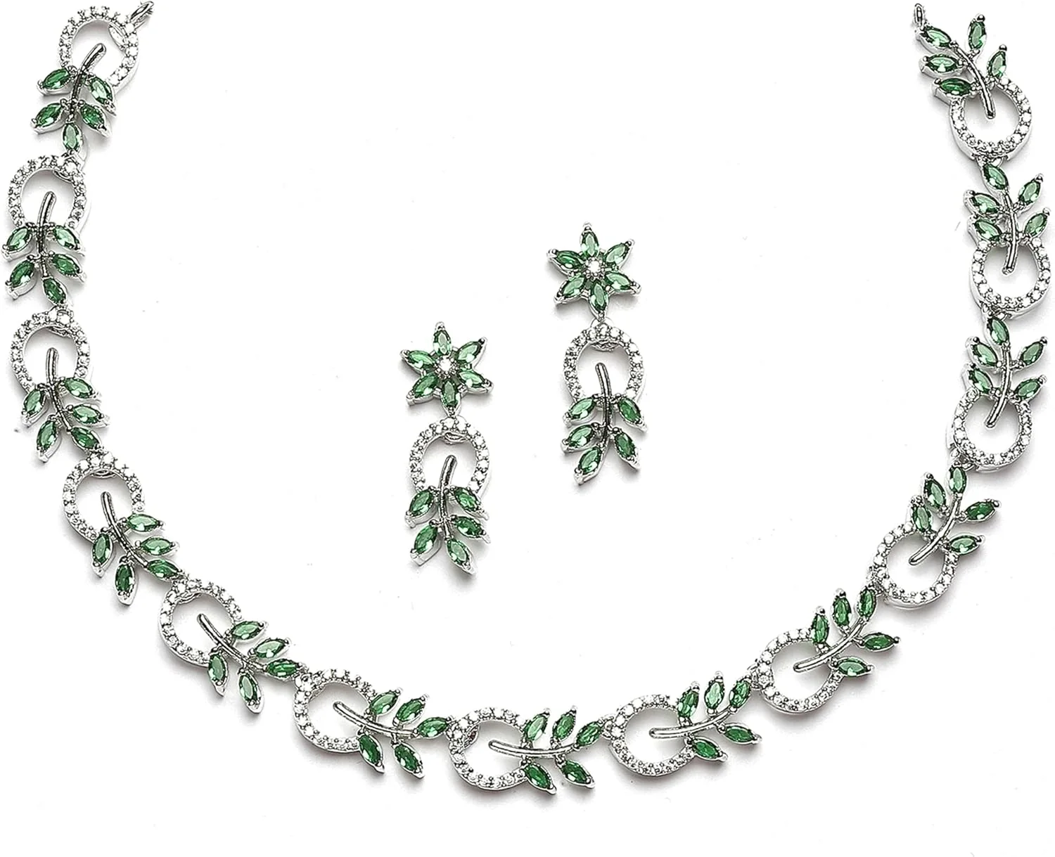 ست گردنبند و گوشواره زنانه طرح برگ و دایره نگین دار با روکش رودیوم زنمه (سبز)