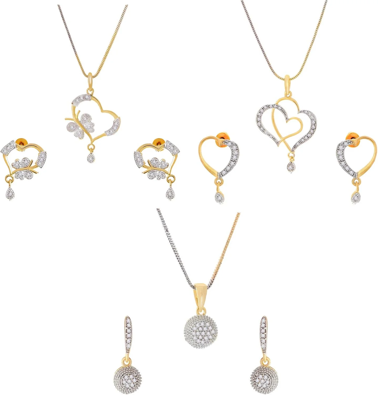 ست جواهرات زنانه Zeneme با روکش طلایی، طرح قلب الماس آمریکایی و گردنبند آویز کریستالی، ست 3 عددی (هدیه ویژه ولنتاین)
