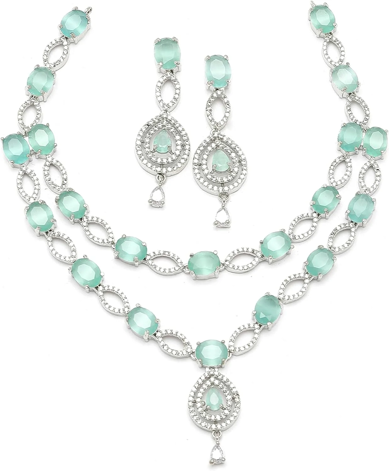 ست گردنبند و گوشواره زنانه نگین دار ZENEME با روکش رودیوم، طرح انتزاعی، مناسب دختران و بانوان