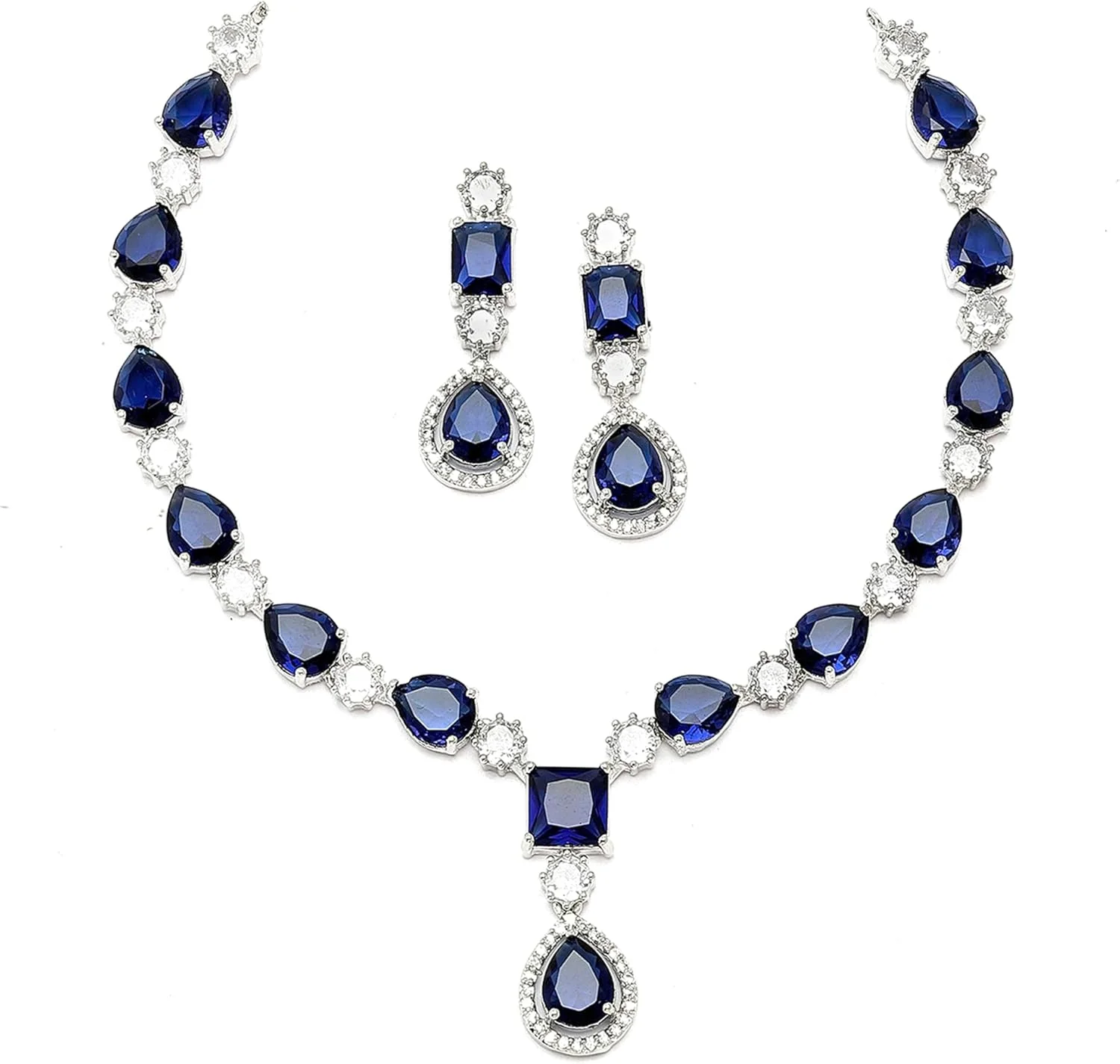زنم مجموعۀ گردنبند و گوشواره نگین دار طرح الماس آمریکایی با روکش رودیوم، مناسب دختران و زنان