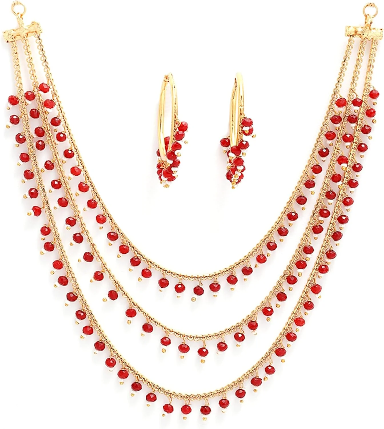 ست گردنبند سه لایه مروارید چند رنگ با روکش طلایی و گوشواره زنانه دخترانه سنتی Zeneme