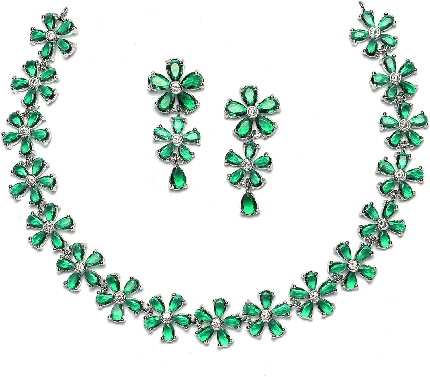 ست زیورآلات زنانه و دخترانه زنم، روکش رودیوم، نقره ای، نگین دار، طرح گل با الماس های آمریکایی سفید