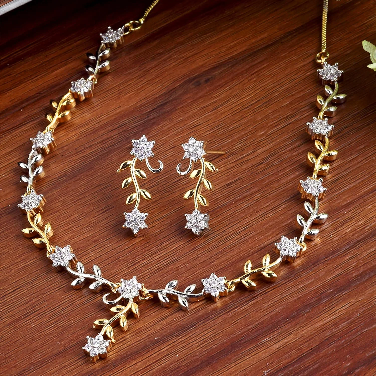 ست جواهرات زنانه Zeneme، گردنبند با طرح برگ و الماس CZ درخشان