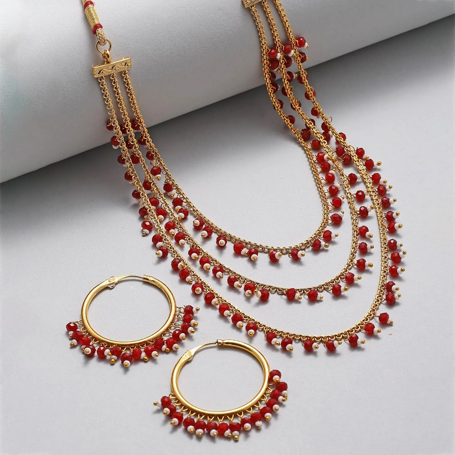 ست گردنبند سه لایه مروارید چند رنگ با روکش طلایی و گوشواره زنانه دخترانه سنتی Zeneme ست گردنبند سه لایه مروارید چند رنگ با روکش طلایی و گوشواره زنانه دخترانه سنتی Zeneme