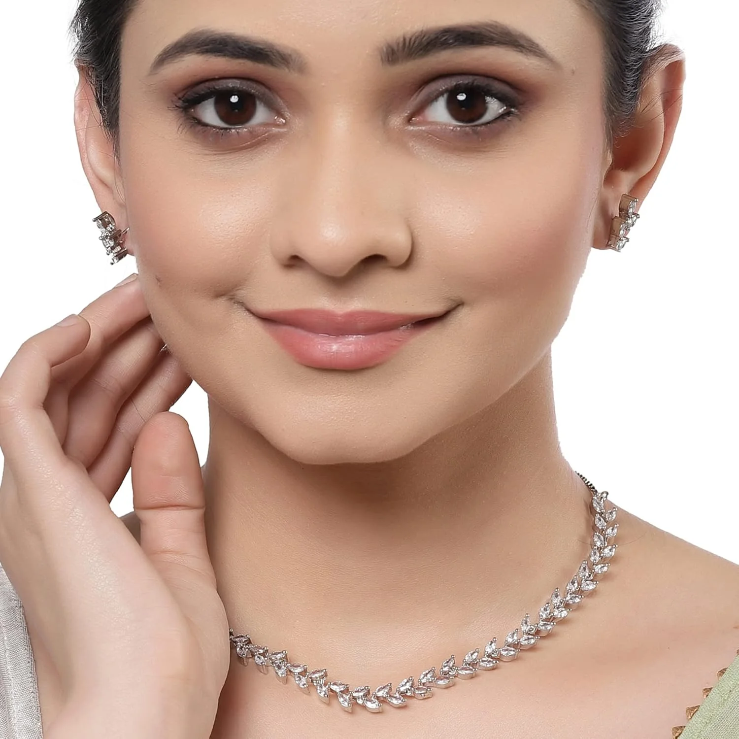 ست جواهرات زنانه با روکش رزگلد، طرح برگ، رز مشکی و سفید نگین‌دار