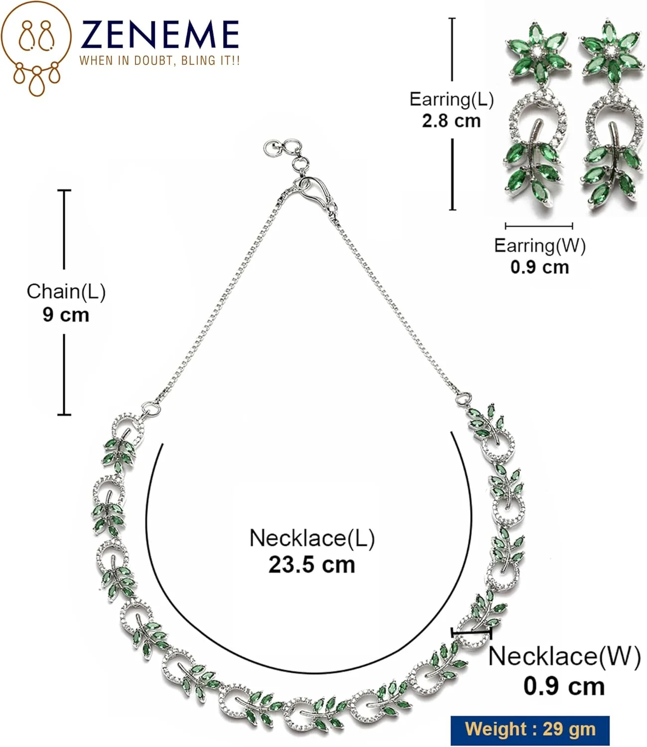 ست گردنبند و گوشواره زنانه طرح برگ و دایره نگین دار با روکش رودیوم زنمه (سبز) ست گردنبند و گوشواره زنانه طرح برگ و دایره نگین دار با روکش رودیوم زنمه (سبز)