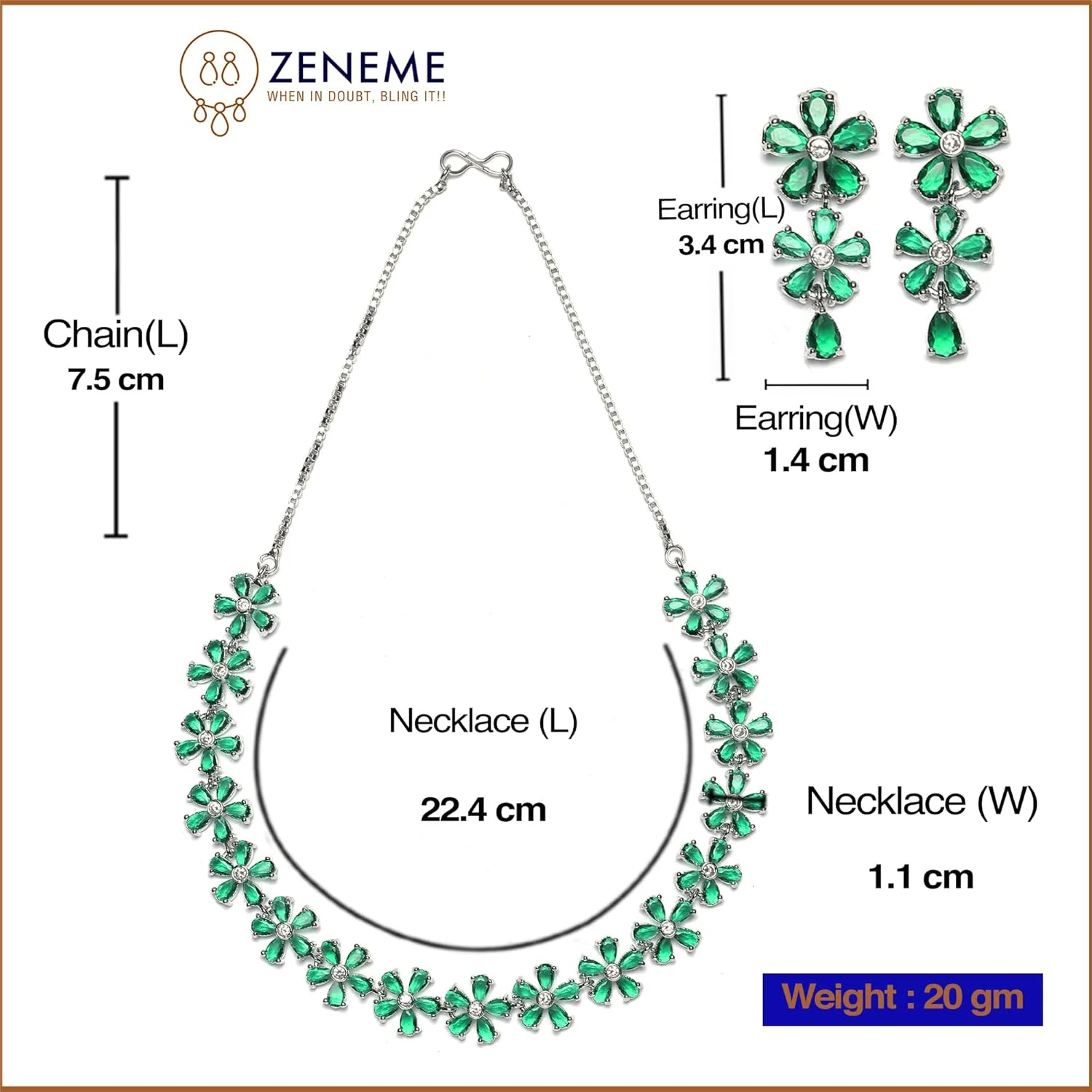ست زیورآلات زنانه و دخترانه زنم، روکش رودیوم، نقره ای، نگین دار، طرح گل با الماس های آمریکایی سفید