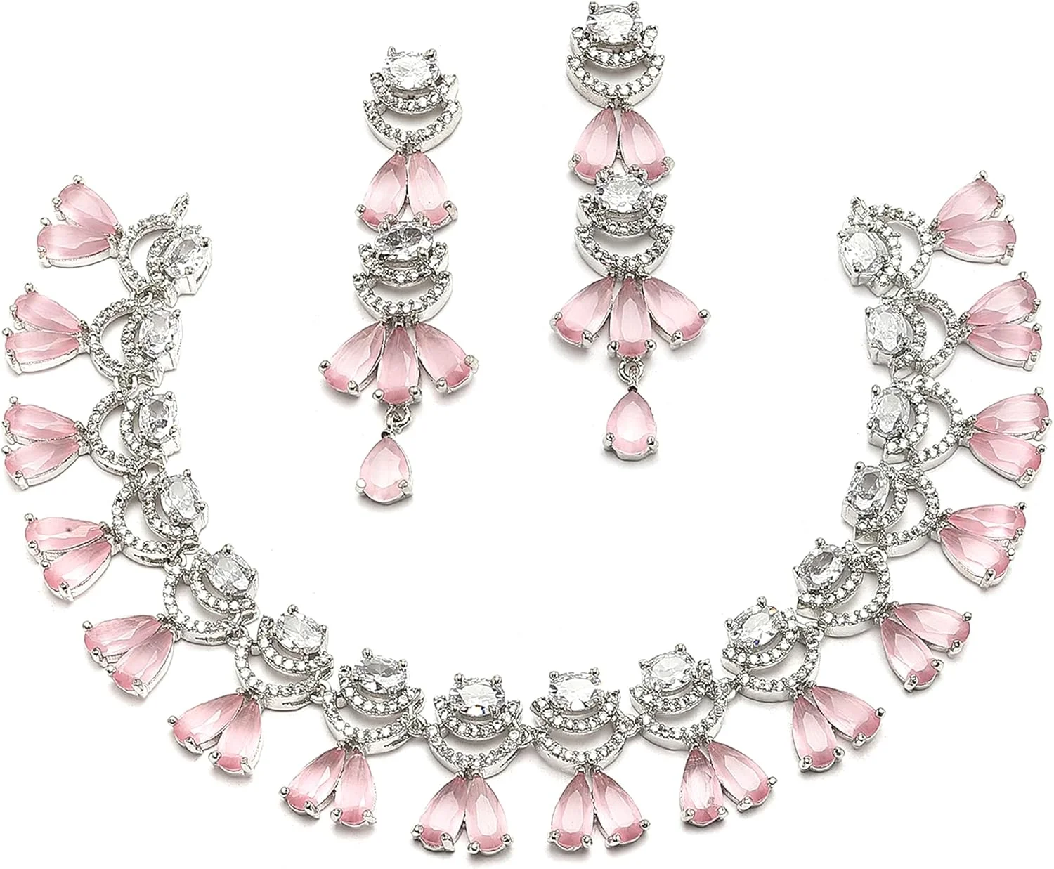 ست گردنبند و گوشواره زنانه نگین دار طرح اشک و هلال با روکش رودیوم ZENEME (صورتی)