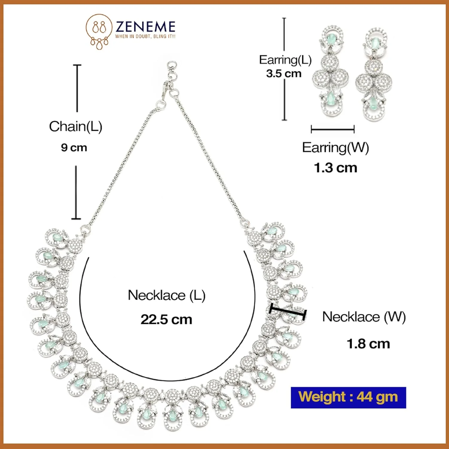 ست گردنبند و گوشواره زنانه نگین دار ZENEME با روکش رودیوم و طرح الماس آمریکایی ست گردنبند و گوشواره زنانه نگین دار ZENEME با روکش رودیوم و طرح الماس آمریکایی