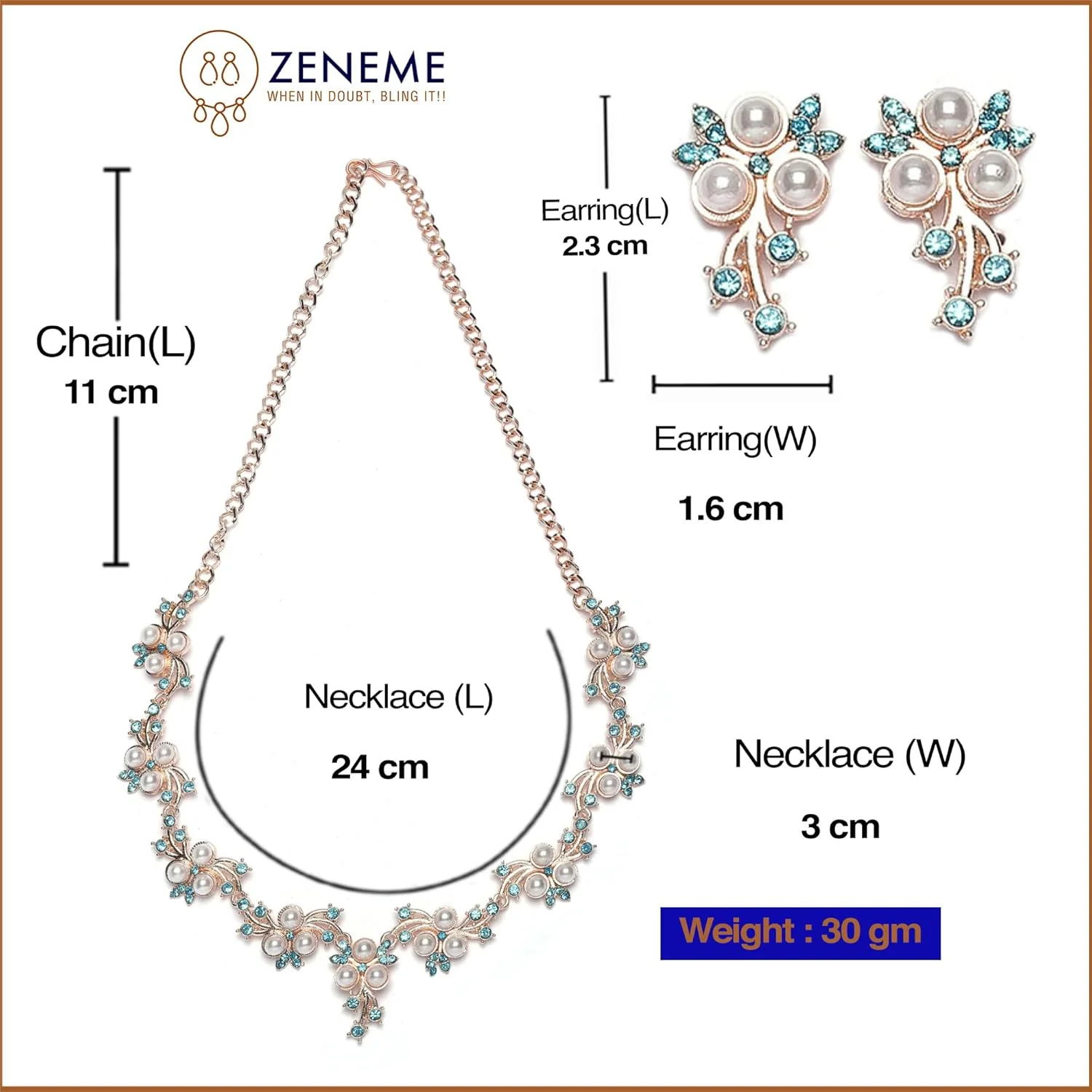 ست گردنبند و گوشواره زنانه نگین دار ZENEME با روکش رزگلد، زیرکونیا آبی و مروارید سفید، سایز آزاد، فلز، زیرکونیا ست گردنبند و گوشواره زنانه نگین دار ZENEME با روکش رزگلد، زیرکونیا آبی و مروارید سفید، سایز آزاد، فلز، زیرکونیا