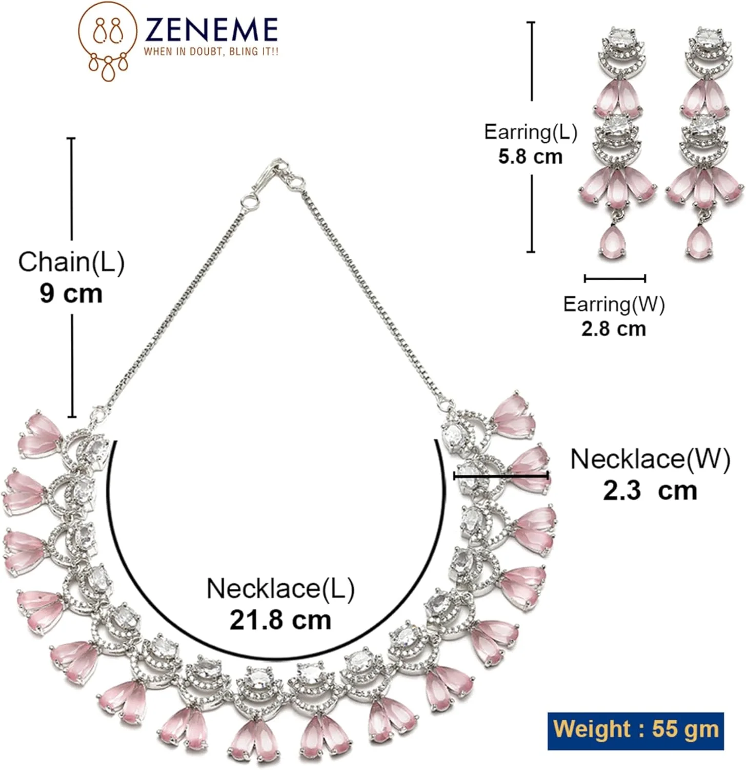 ست گردنبند و گوشواره زنانه نگین دار طرح اشک و هلال با روکش رودیوم ZENEME (صورتی)