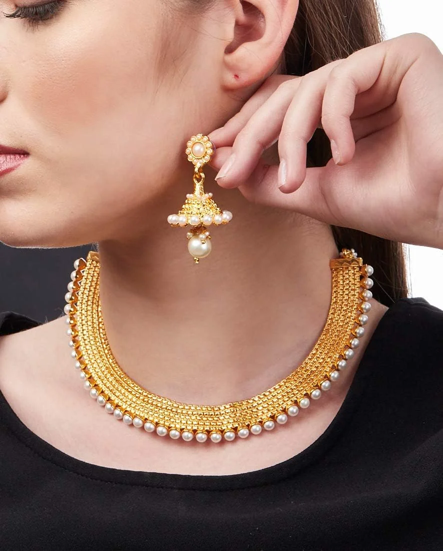 زیورآلات زنانه ZENEME ست گردنبند، گوشواره و النگو با روکش طلایی و مروارید سفید (سایز 2.8، طرح 3)