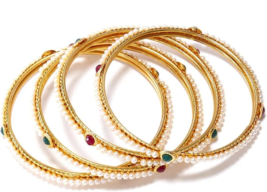 زیورآلات زنانه ZENEME ست گردنبند، گوشواره و النگو با روکش طلایی و مروارید سفید (سایز 2.8، طرح 3)