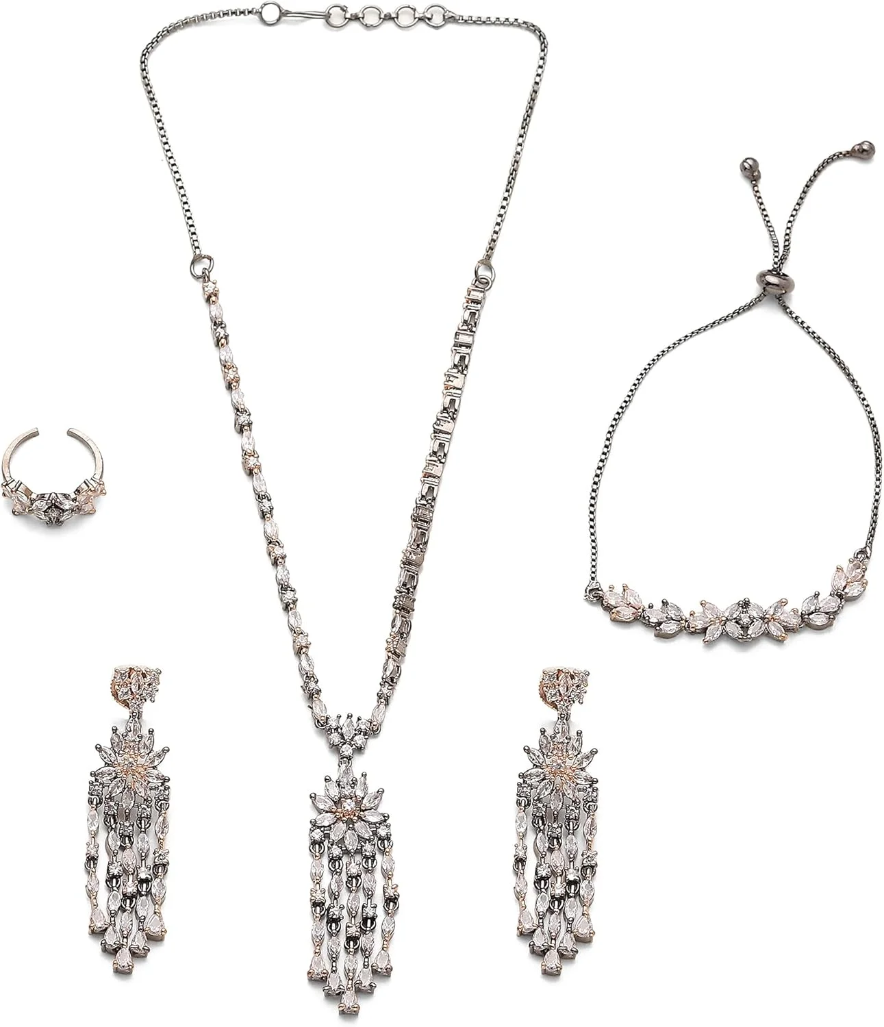 ست زیورآلات زنانه و دخترانه شامل گردنبند یقه ای رزگلد با روکش فلز تفنگی، نگین های الماس آمریکایی سفید، گوشواره های آویز طرح دار، دستبند و انگشتر برند زنمه