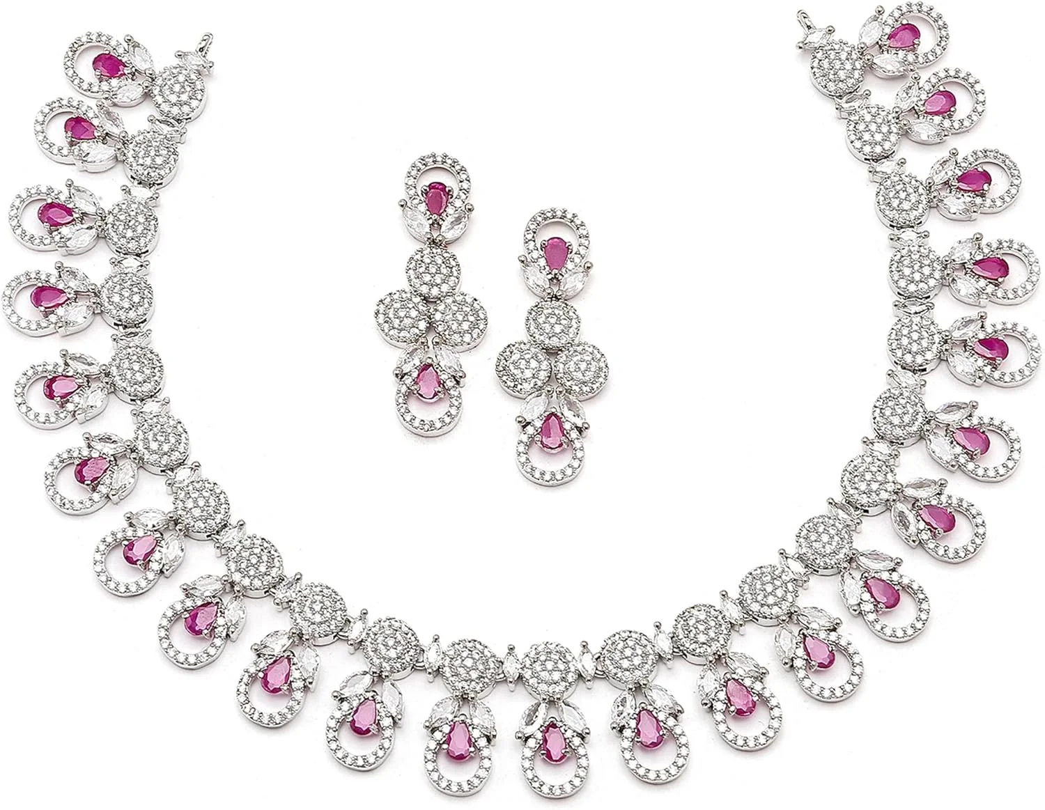 ست گردنبند و گوشواره زنانه نگین دار ZENEME با روکش رودیوم و طرح الماس آمریکایی (قرمز)