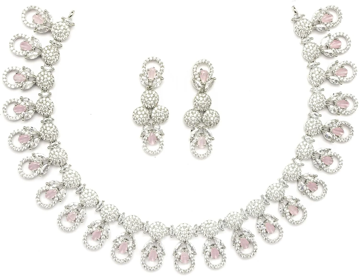 ست جواهرات زنانه شامل گردنبند و گوشواره نگین دار طرح الماس آمریکایی با روکش رودیوم مدل ZENEME (صورتی)