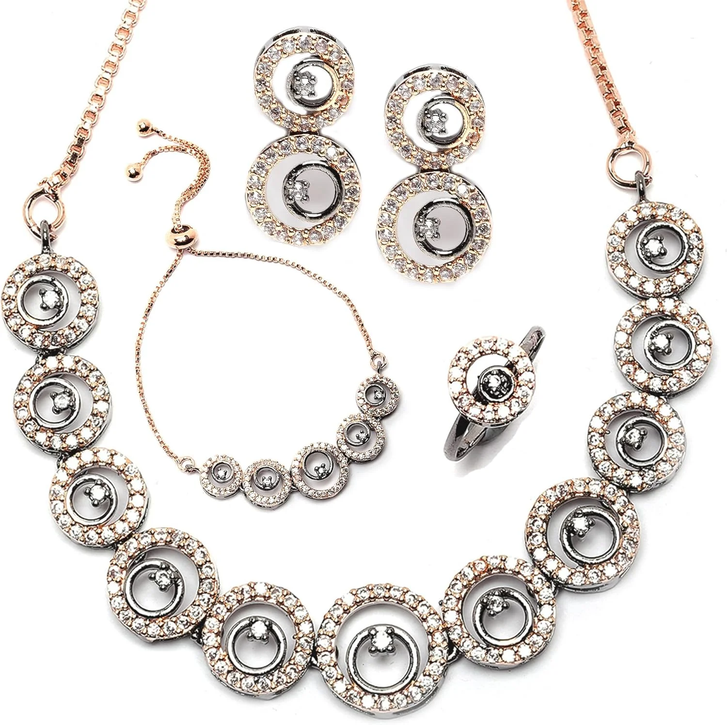 ست جواهرات زنانه ZENEME شامل گردنبند، گوشواره، دستبند و انگشتر نگین دار رزگلد با روکش فلزی (طرح دایره ای) سایز آزاد رزگلد و سفید، سایز آزاد، برنج، بدون سنگ قیمتی