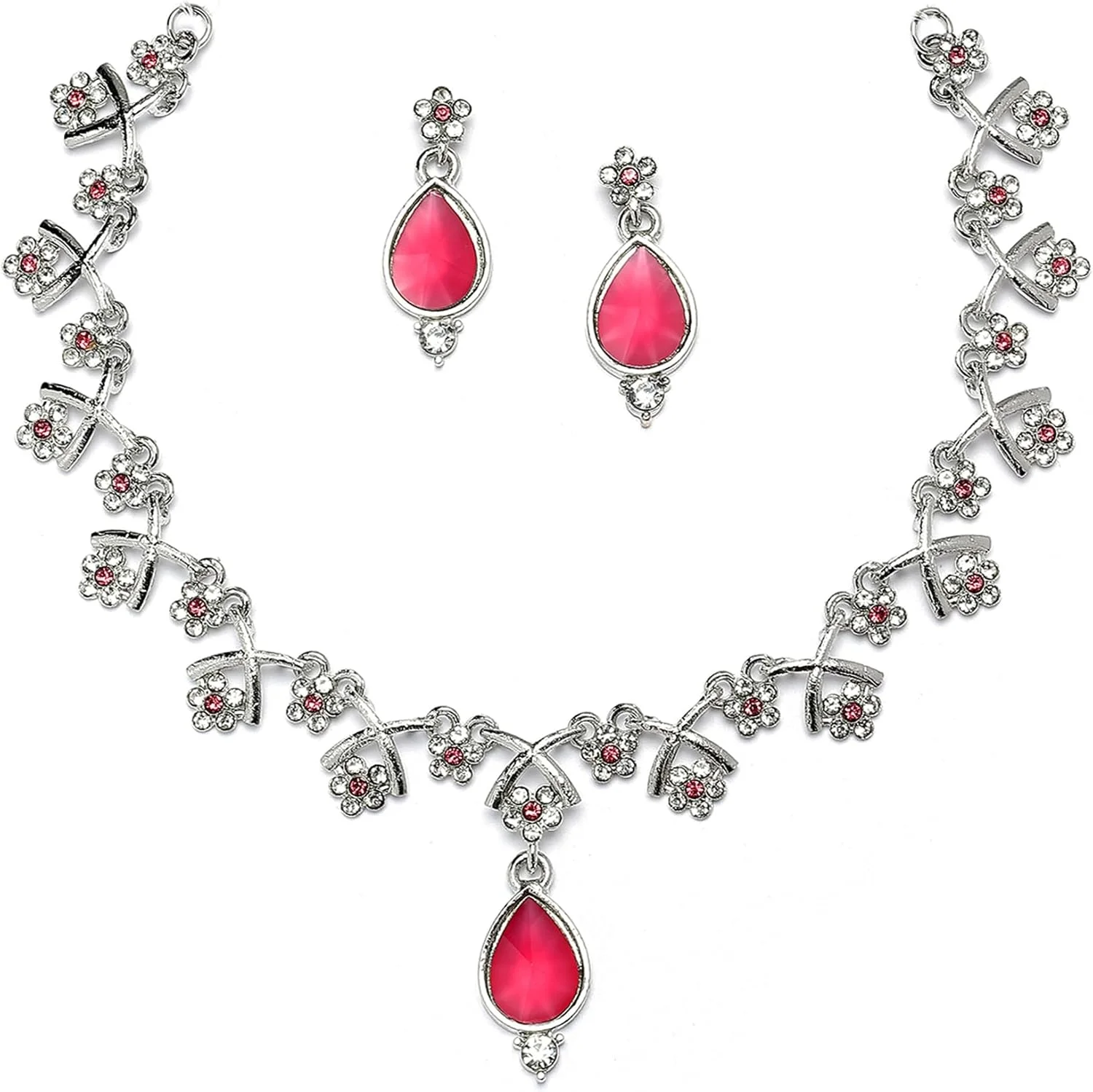 ست زیورآلات زنانه زنم مدل اشکی نگین‌دار با زیرکونیا صورتی، روکش نقره‌ای اکسیدشده، شامل گردنبند و گوشواره، فری سایز، جنس برنج و زیرکونیا