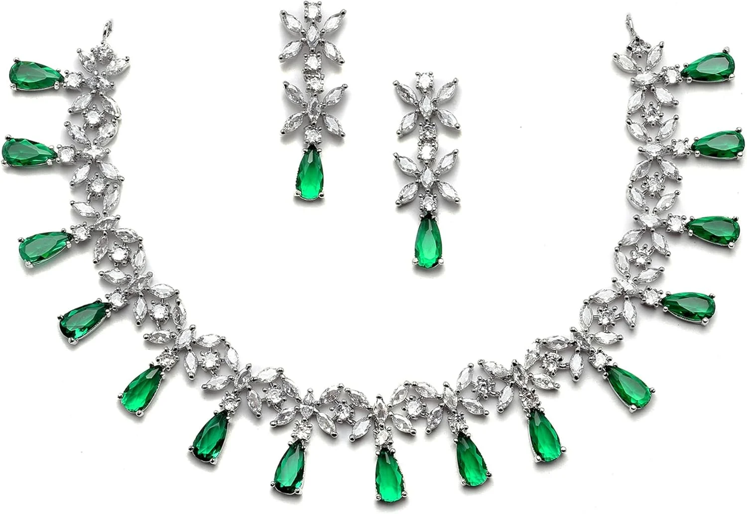 ست زیورآلات زنانه ZENEME با روکش رودیوم، نقره‌ای رنگ، طرح اشک، نگین‌دار، شامل گردنبند و گوشواره (سبز)، سایز آزاد، روکش رودیوم، نگین اتمی
