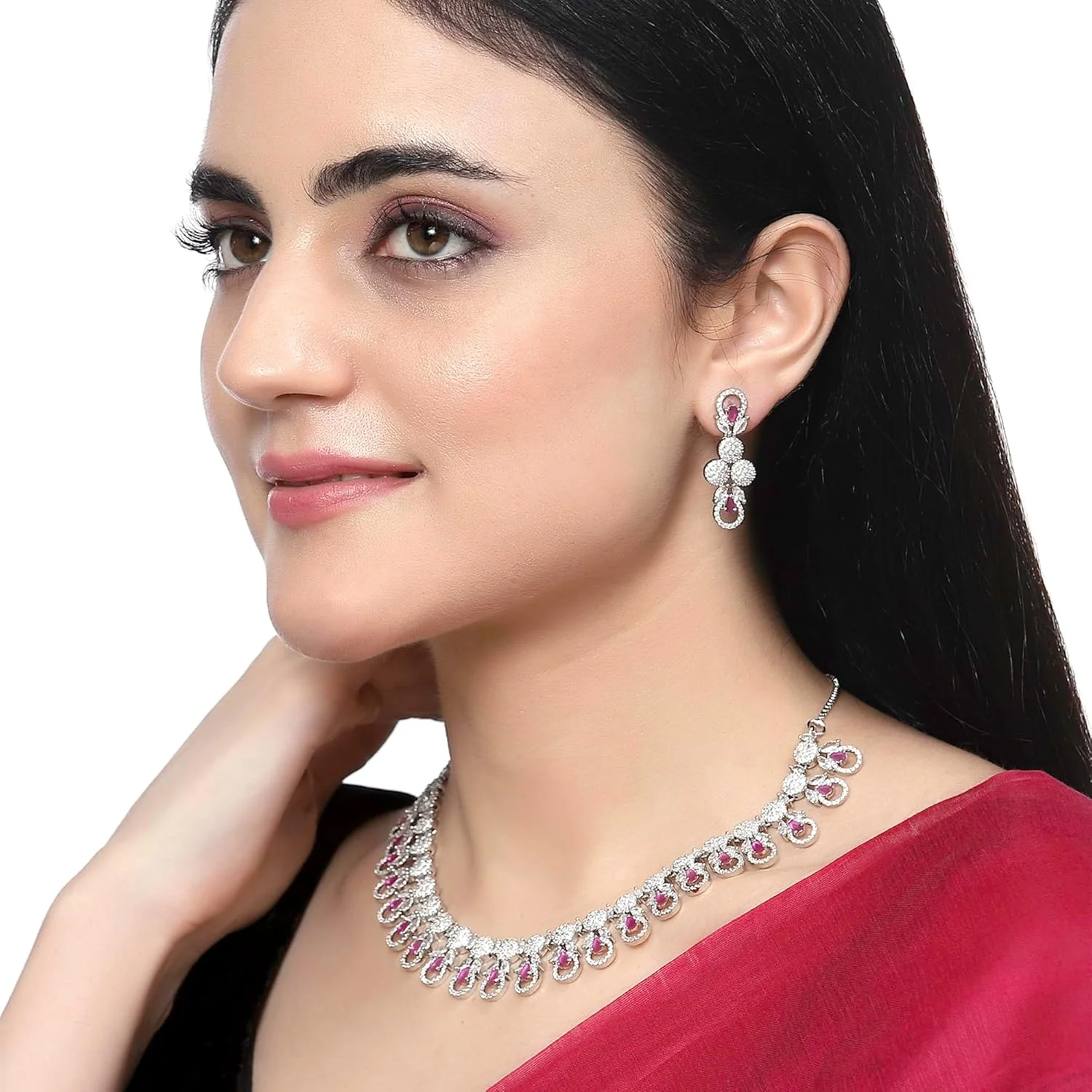 ست گردنبند و گوشواره زنانه نگین دار ZENEME با روکش رودیوم و طرح الماس آمریکایی (قرمز)
