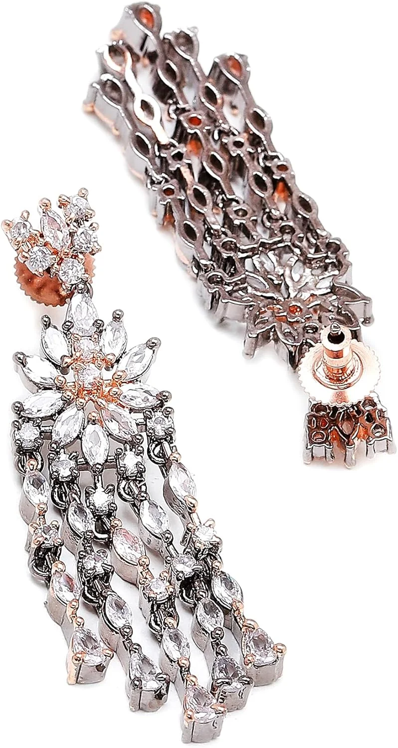 ست زیورآلات زنانه و دخترانه شامل گردنبند یقه ای رزگلد با روکش فلز تفنگی، نگین های الماس آمریکایی سفید، گوشواره های آویز طرح دار، دستبند و انگشتر برند زنمه ست زیورآلات زنانه و دخترانه شامل گردنبند یقه ای رزگلد با روکش فلز تفنگی، نگین های الماس آمریکایی سفید، گوشواره های آویز طرح دار، دستبند و انگشتر برند زنمه