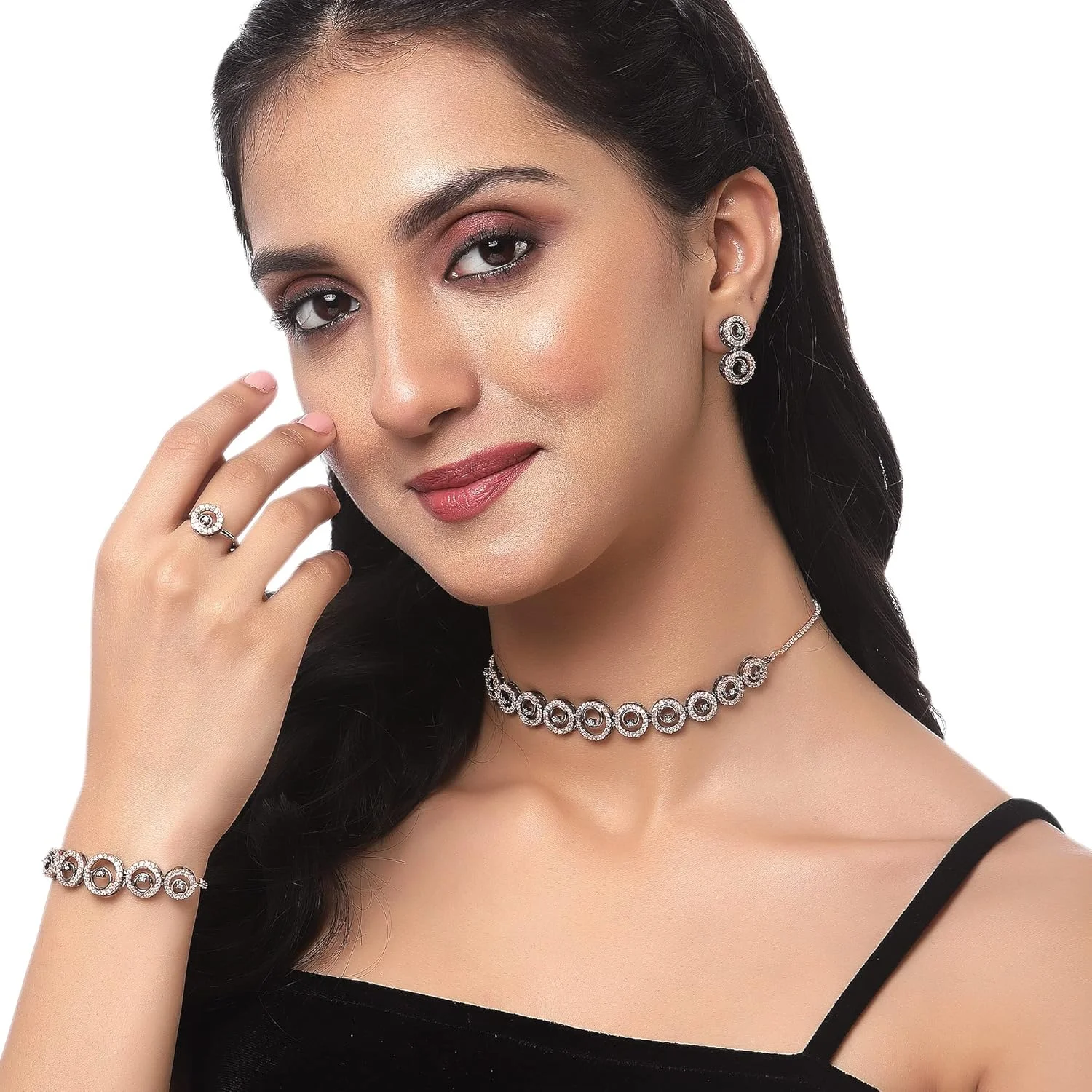 ست جواهرات زنانه ZENEME شامل گردنبند، گوشواره، دستبند و انگشتر نگین دار رزگلد با روکش فلزی (طرح دایره ای) سایز آزاد رزگلد و سفید، سایز آزاد، برنج، بدون سنگ قیمتی ست جواهرات زنانه ZENEME شامل گردنبند، گوشواره، دستبند و انگشتر نگین دار رزگلد با روکش فلزی (طرح دایره ای) سایز آزاد رزگلد و سفید، سایز آزاد، برنج، بدون سنگ قیمتی