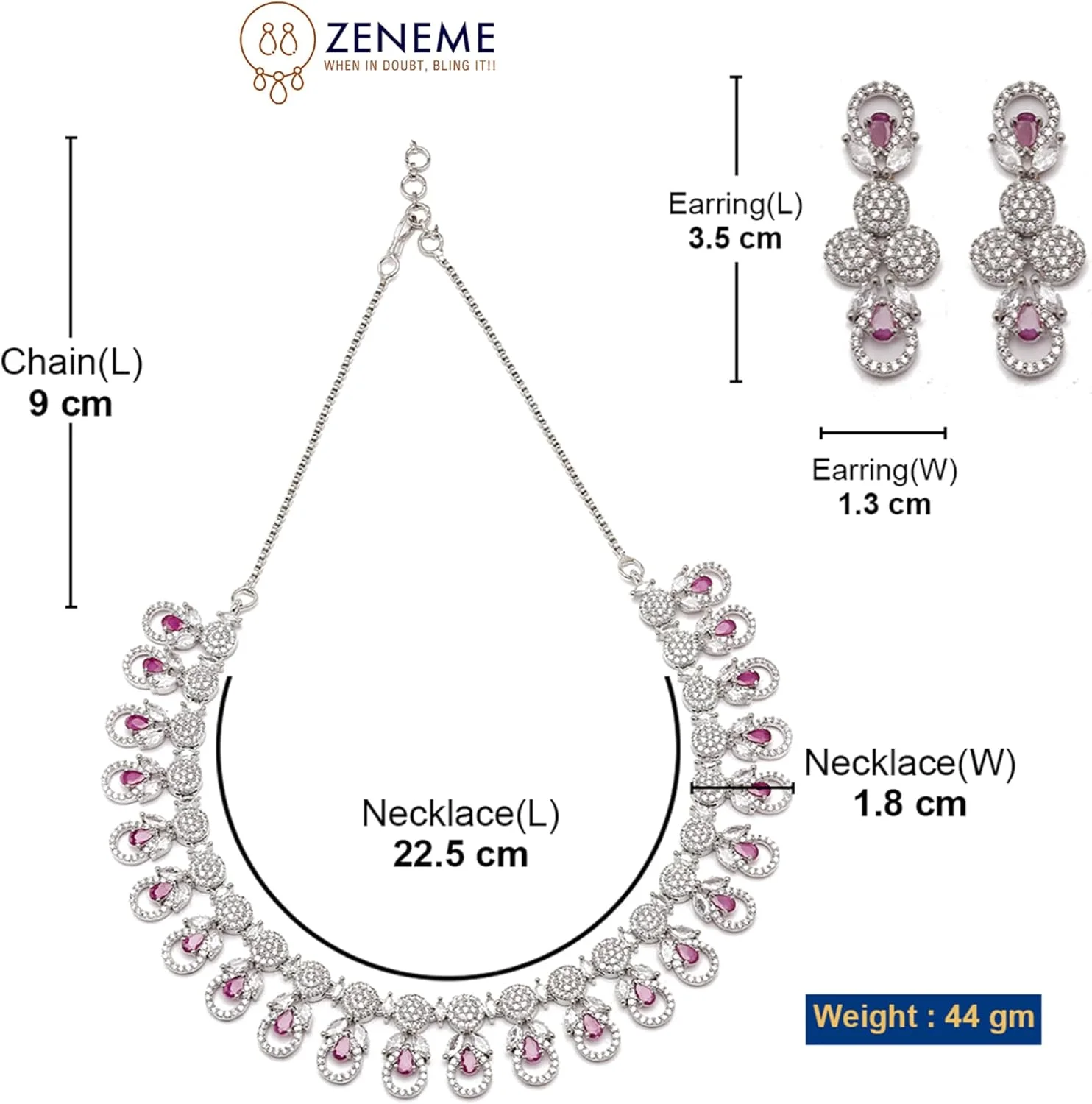 ست گردنبند و گوشواره زنانه نگین دار ZENEME با روکش رودیوم و طرح الماس آمریکایی (قرمز)